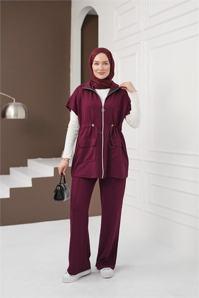Yelekli Cepli Pantolon Takım - Bordo kadın giyim ürün görseli Arzestore