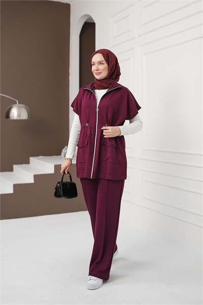 Yelekli Cepli Pantolon Takım - Bordo