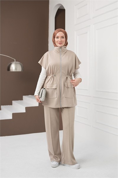 Yelekli Cepli Pantolon Takım - Krem