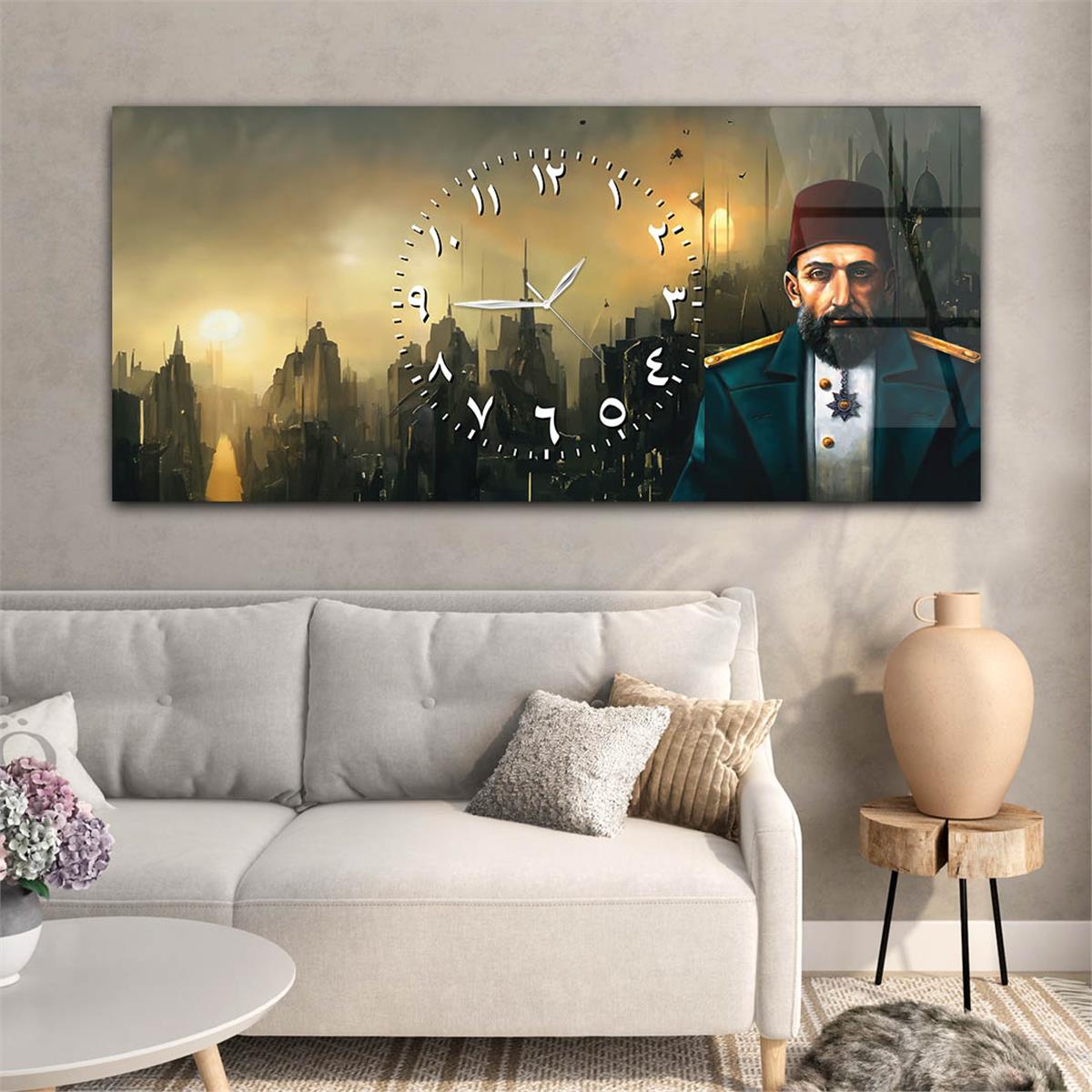 Yatay Saatli Ortadan Vatan Temalı Cam Tablo 163