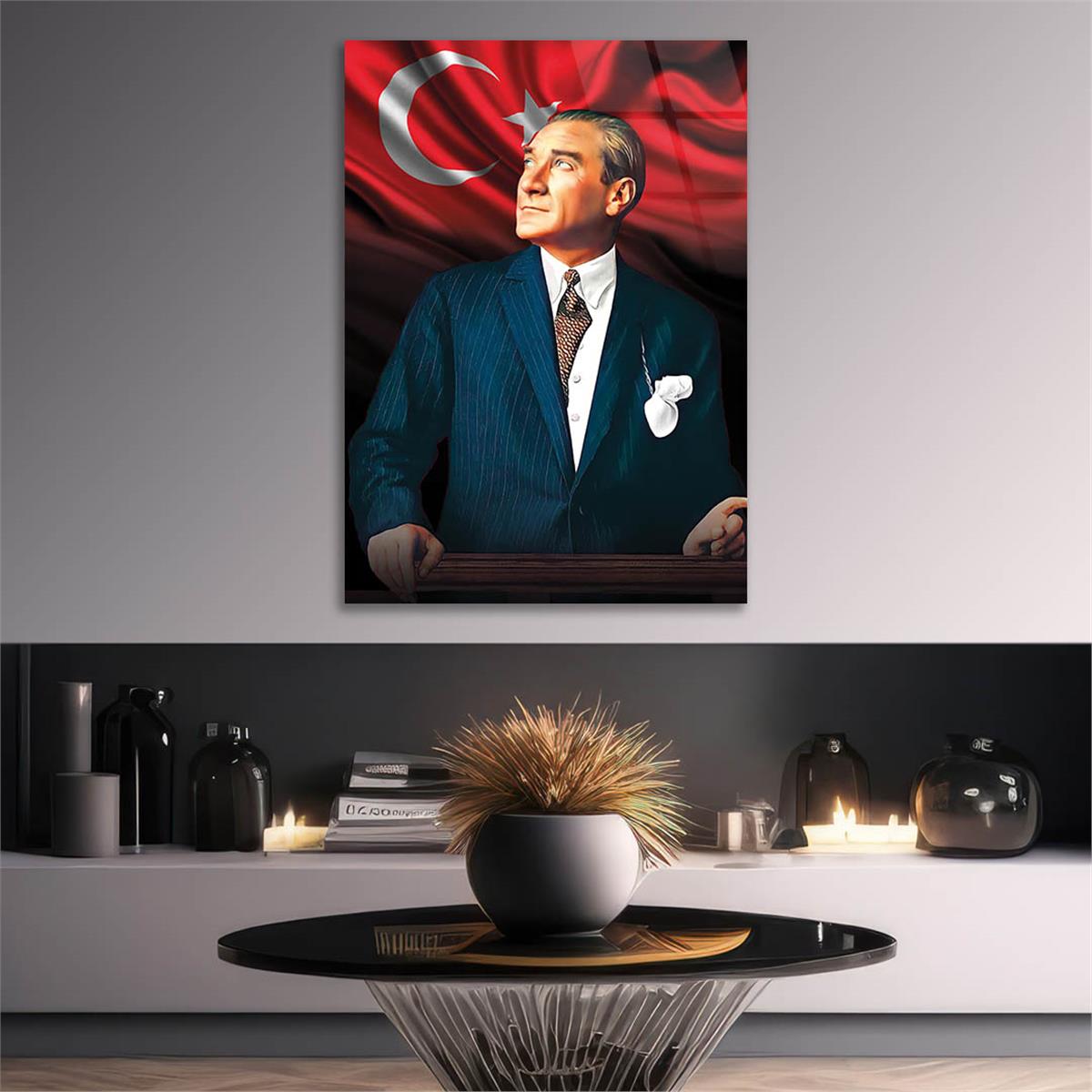 MUSTAFA KEMAL ATATÜRK ve TÜRK BAYRAĞI GÖRSELLİ  CAM TABLO
