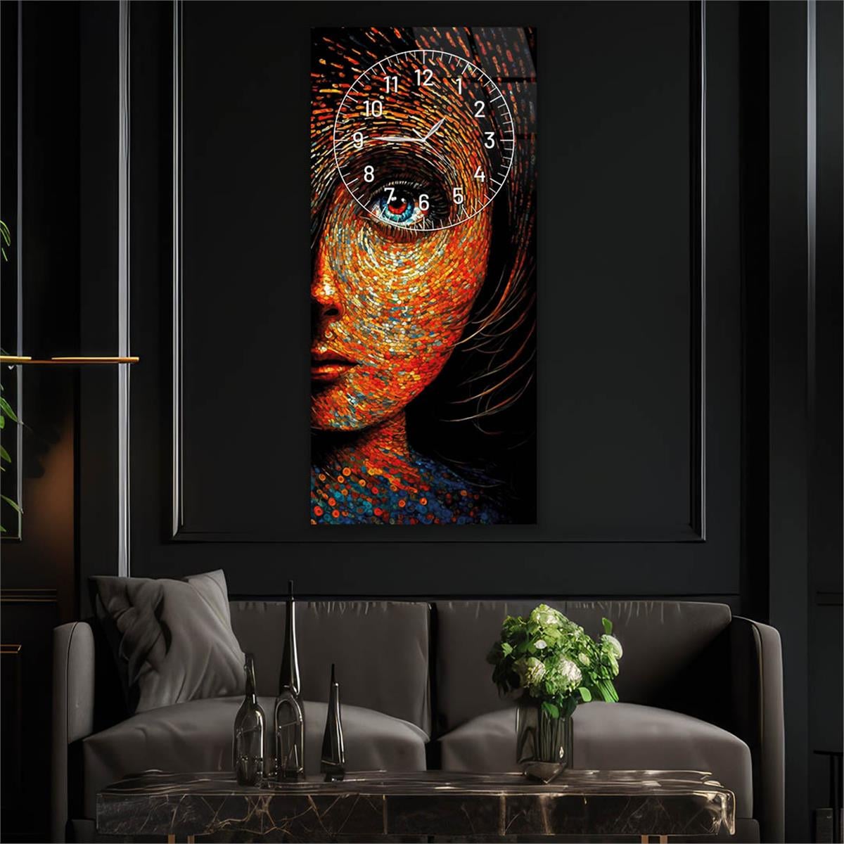 Tableau en verre à thème art et nature vertical avec horloge en haut 012