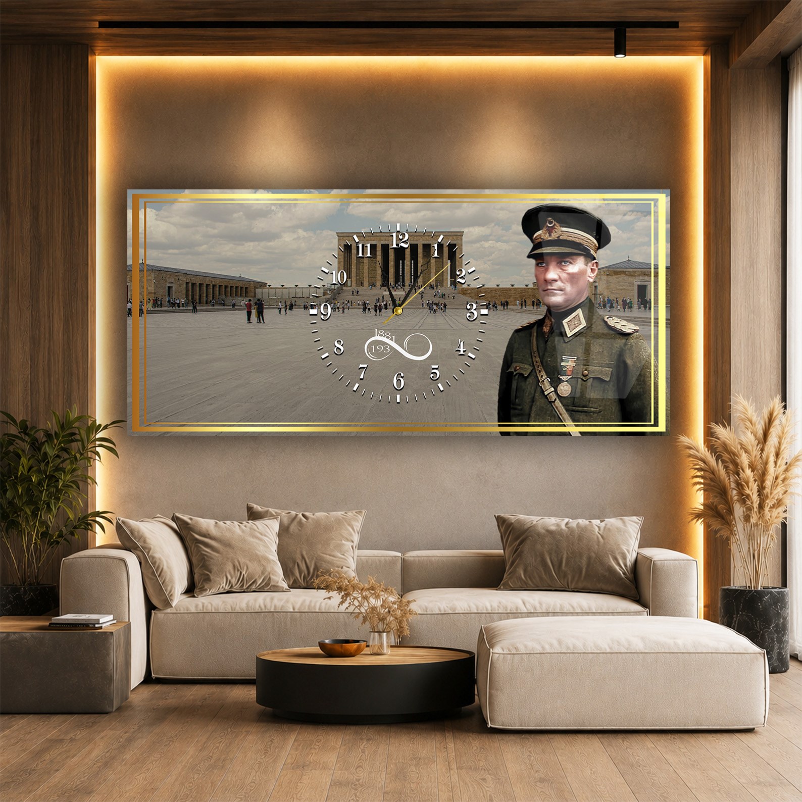 Askeri kıyafetli Atatürk ve Anıtkabir Yatay Ortadan Saatli  Vatan Temalı Cam Tablo 043