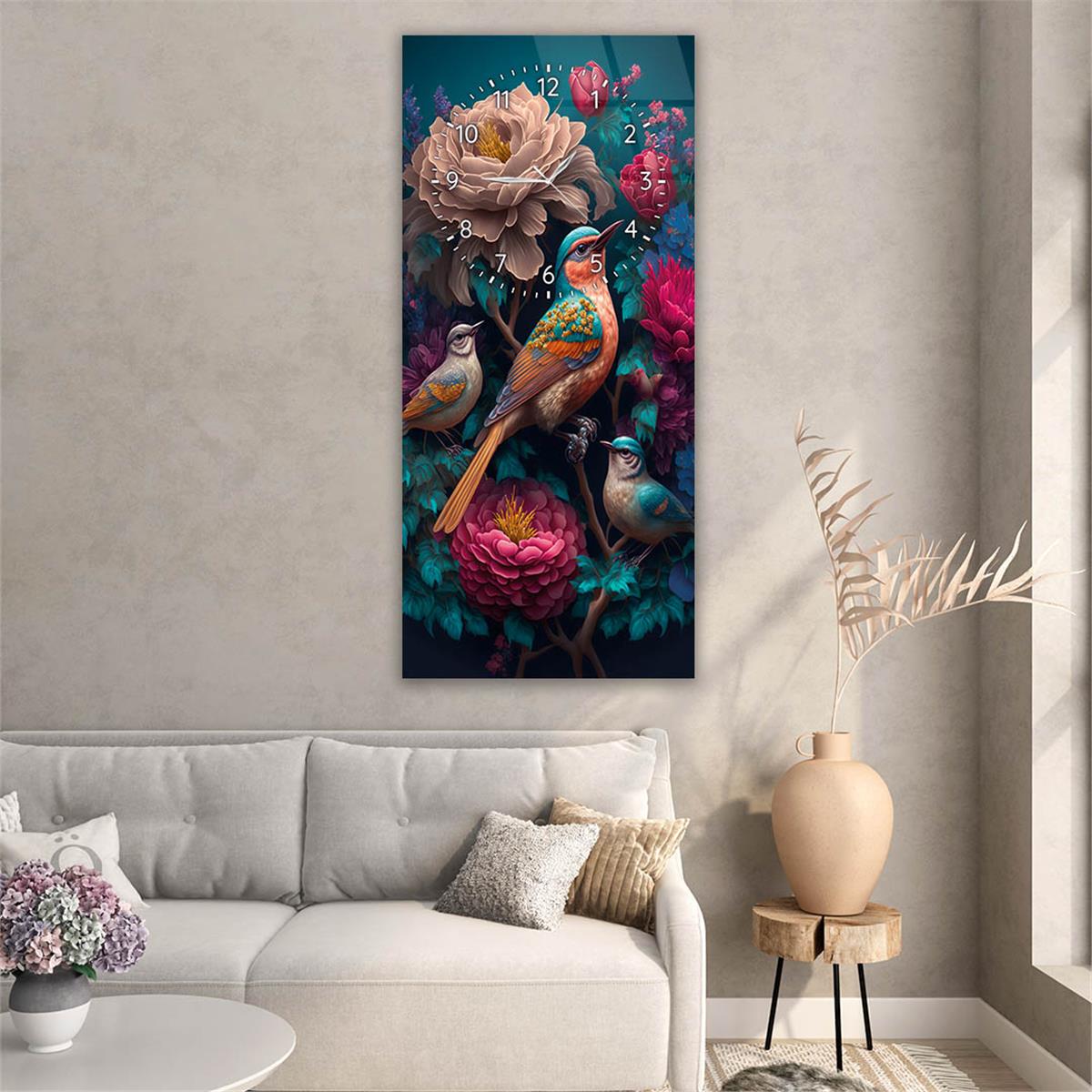 Tableau en verre à thème art et nature vertical avec horloge en haut 008