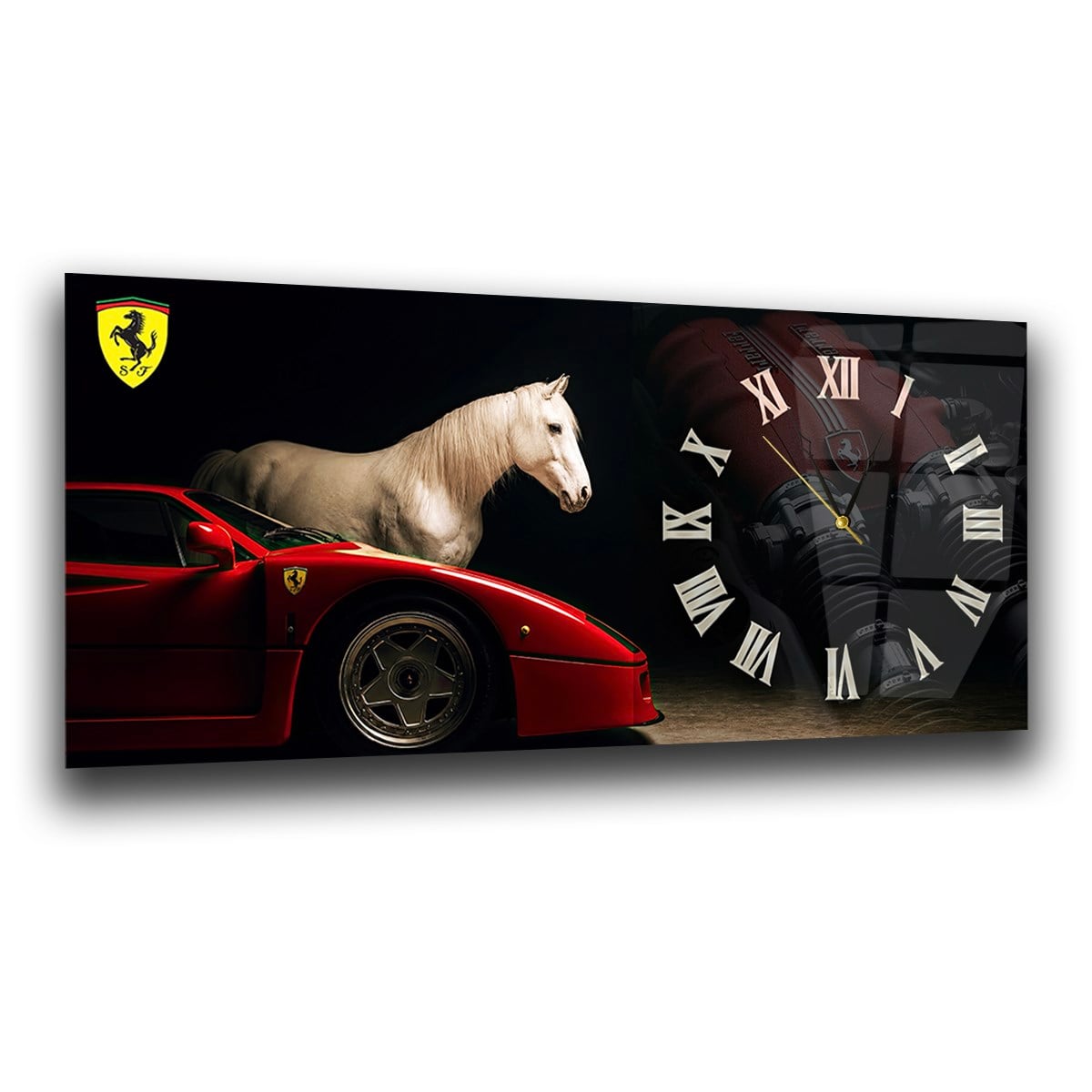 Ferrari ve Şahlanan At Saatli Cam Tablo