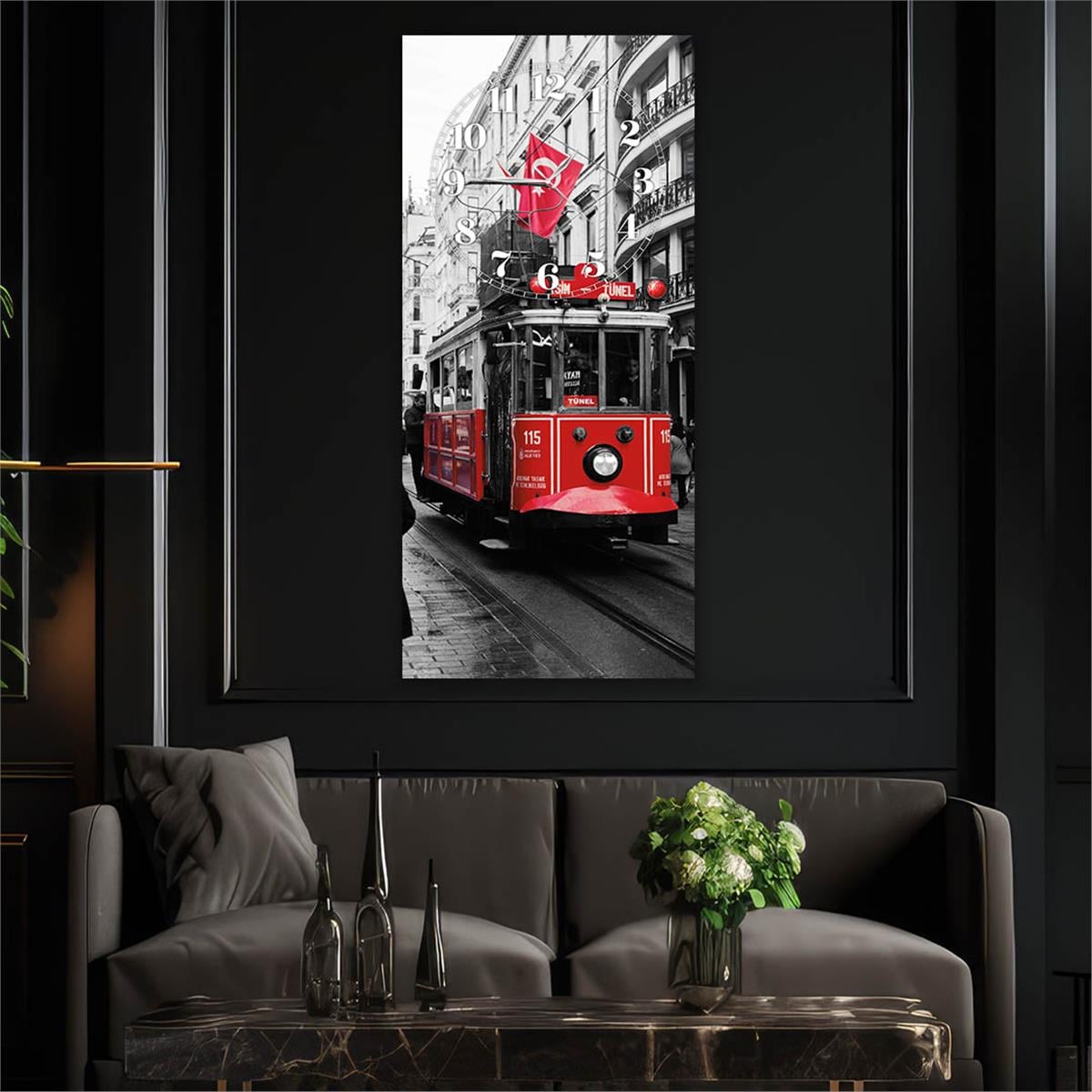 Dikey Üstten Saatli Sanat Temalı Cam Tablo 001