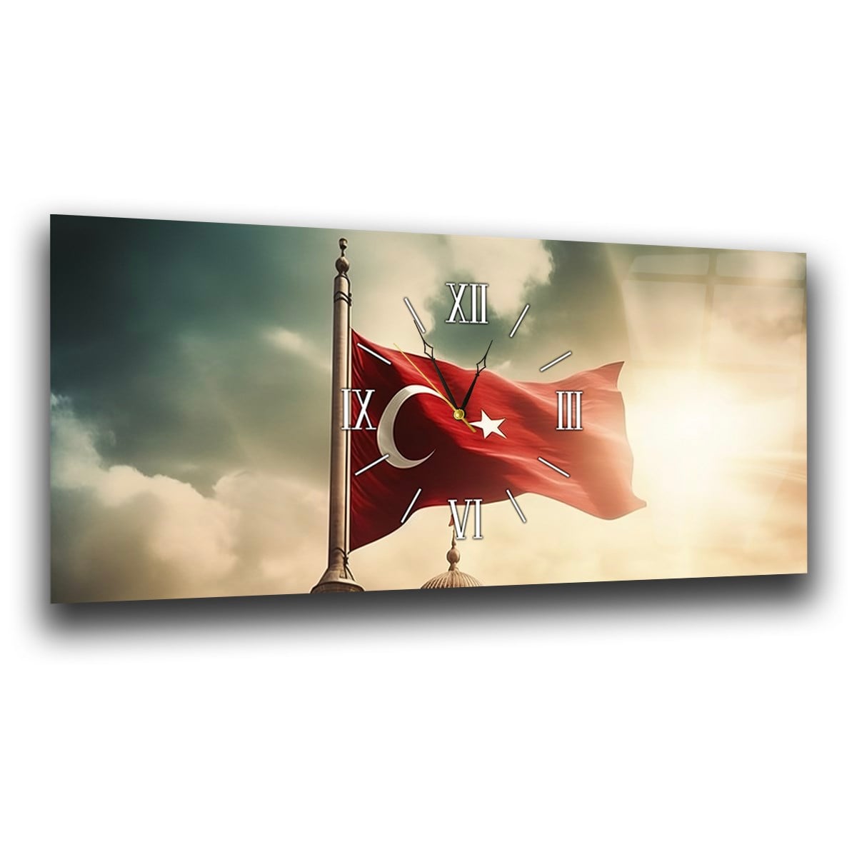 Bulutlar Arasında Dalgalanan Türk Bayrağı Saatli  Cam Tablo 080