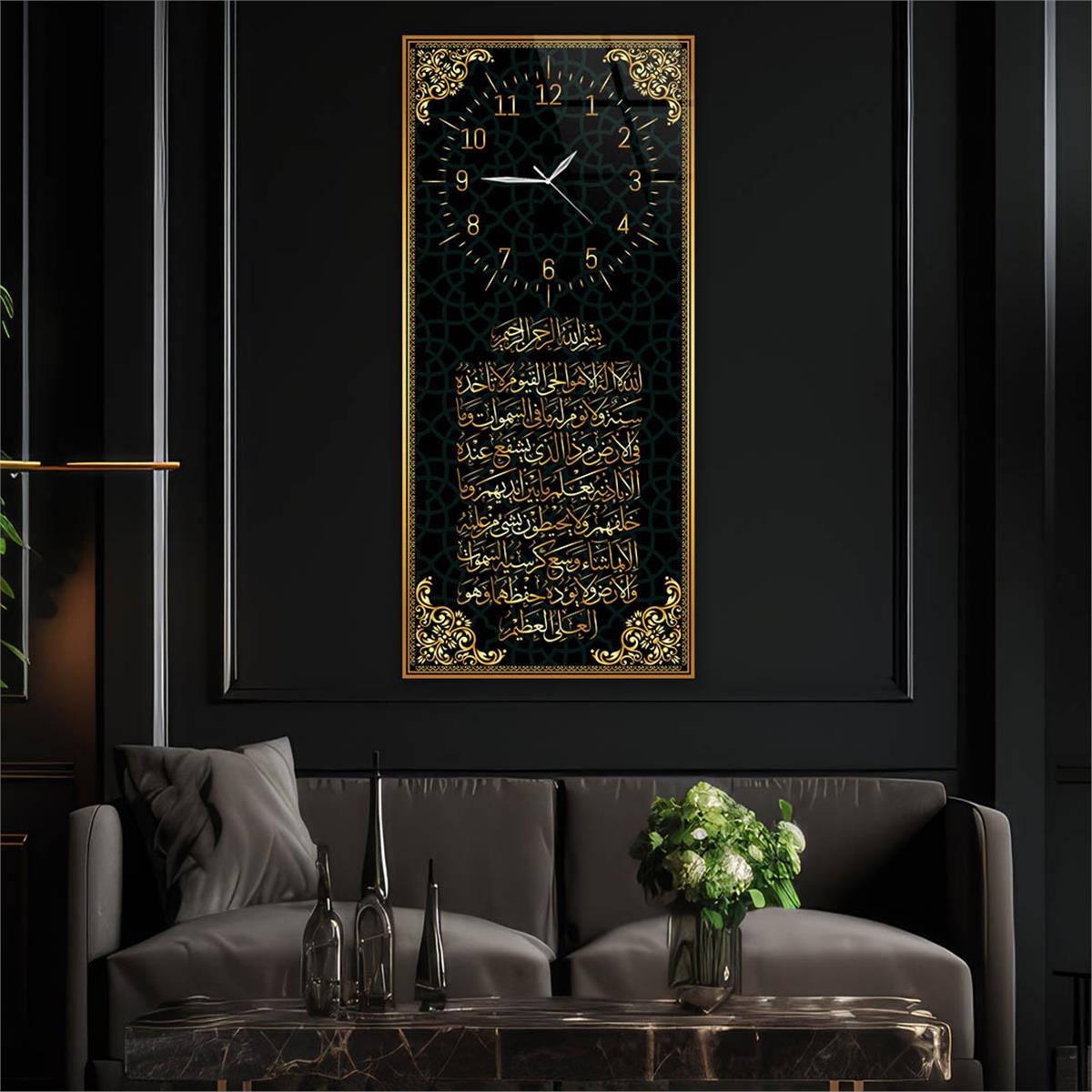 Tableau en verre à thème religieux vertical avec horloge en haut 017