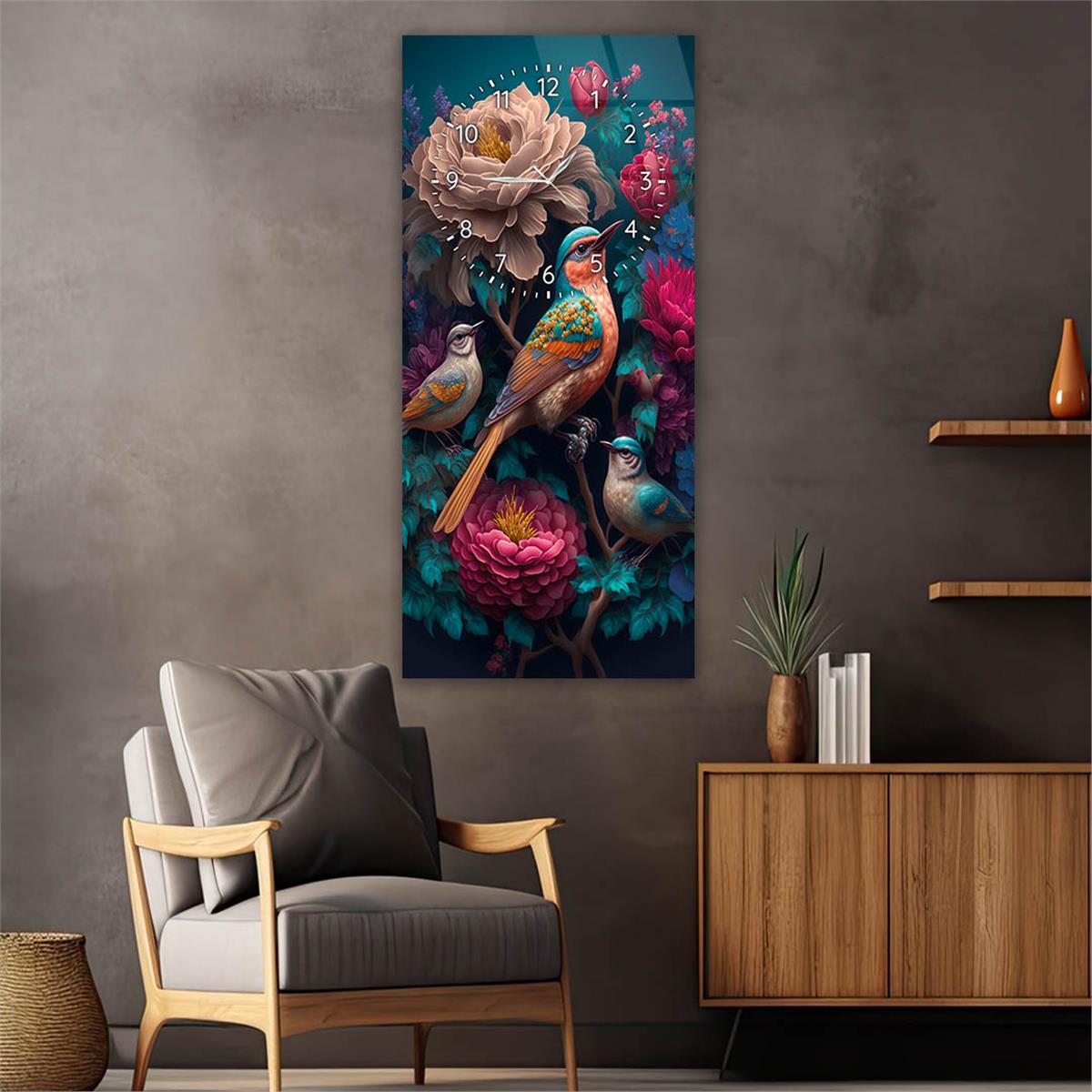 Tableau en verre à thème art et nature vertical avec horloge en haut 008