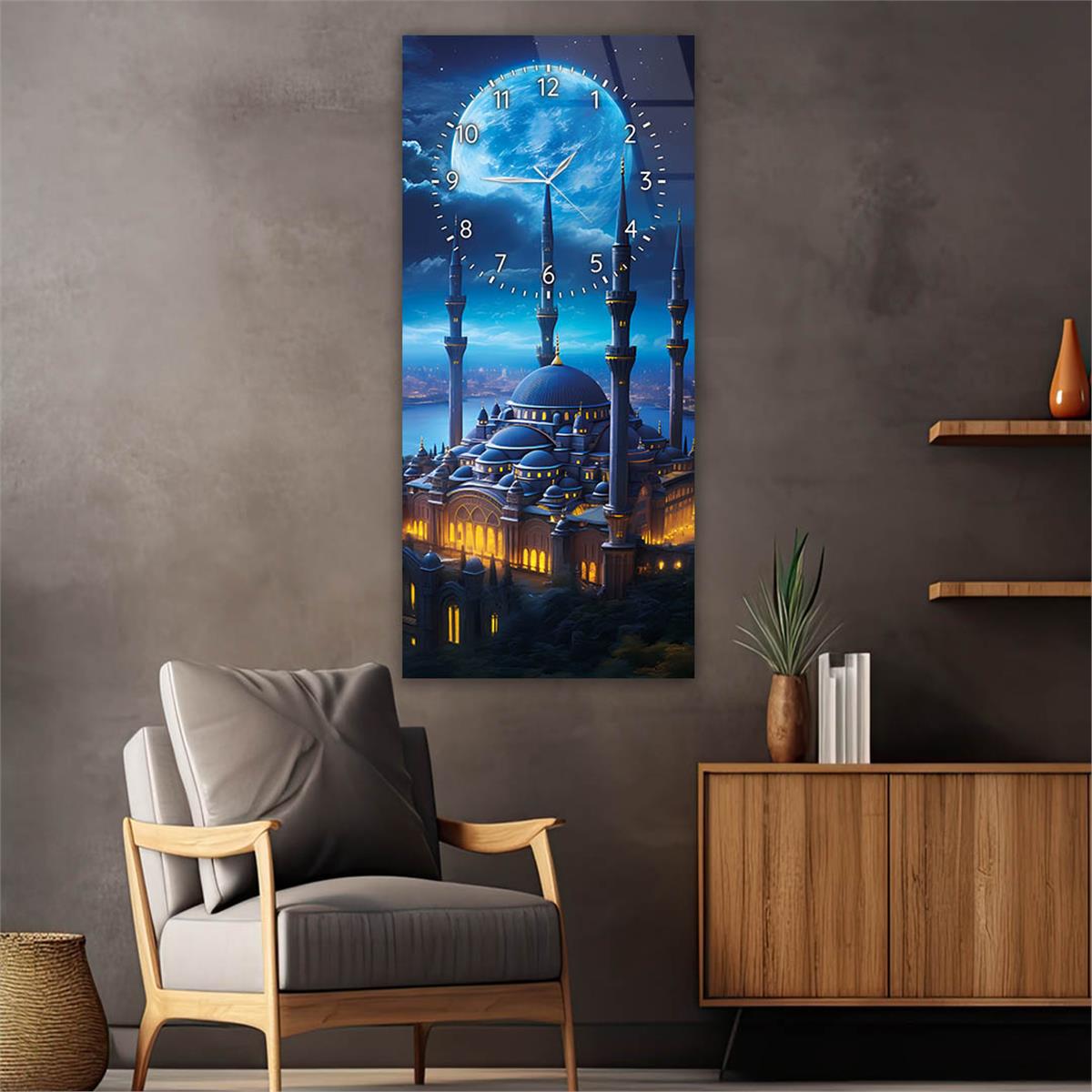 Tableau en verre à thème religieux vertical avec horloge en haut 021