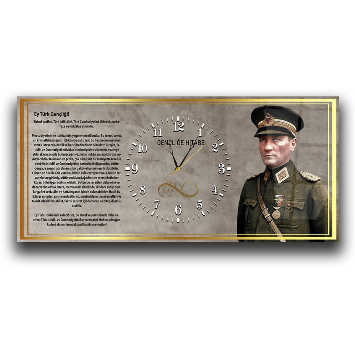 Askeri Kıyafetli Mustafa Kemal Atatürk ve Gençliğe Hitabesi Saatli  Cam Tablo 042