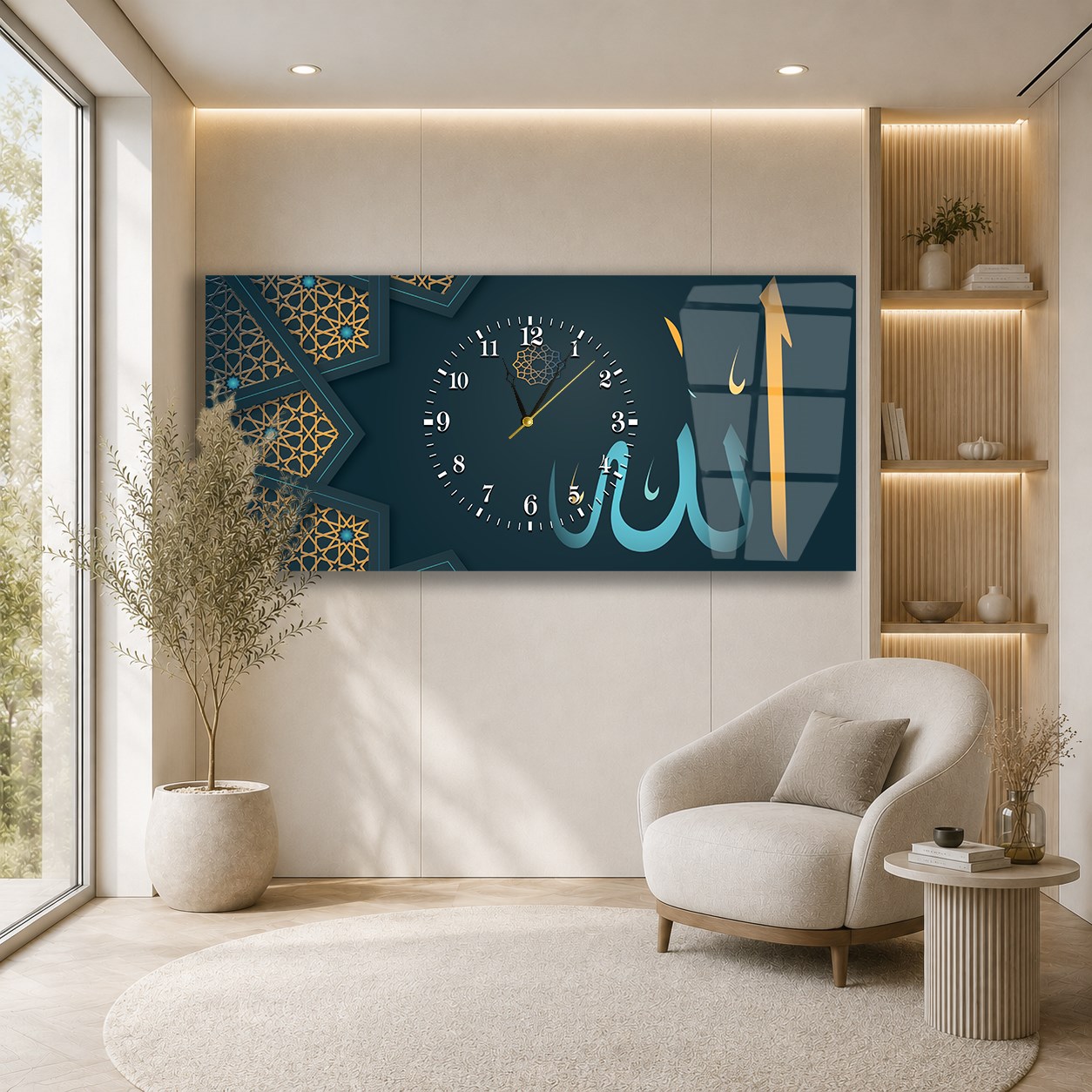 Middle-Clock, Religious-Themed Horizontal Glass Wall Painting 014