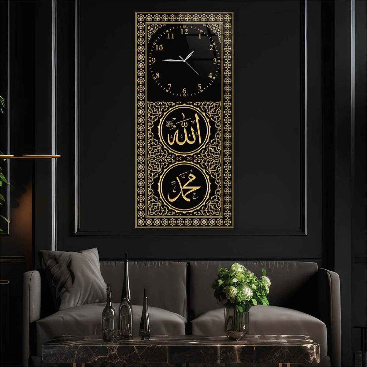 Tableau en verre à thème religieux vertical avec horloge en haut 044