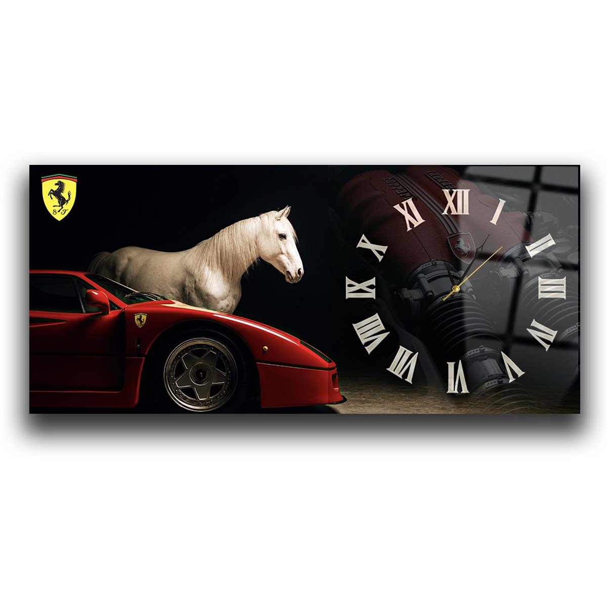 Ferrari ve Şahlanan At Saatli Cam Tablo