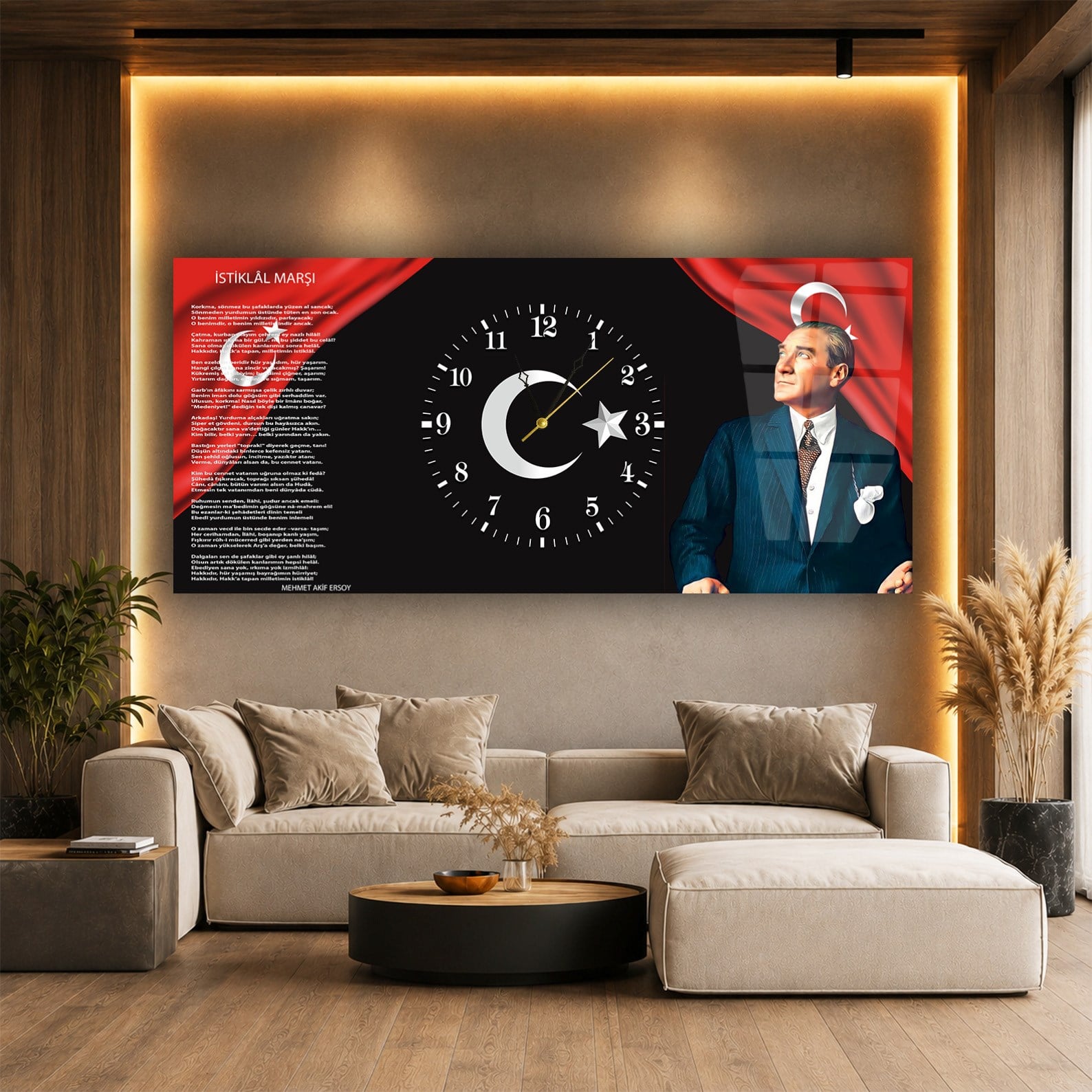 Atatürk İstiklal Marşı Saatli Cam Tablo