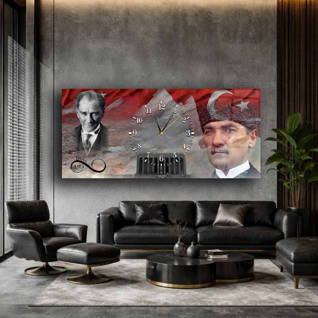Atatürk Türk Bayrağı ve Sonsuz 1881-1938 Anıtkabir Saatli  Cam Tablo 067
