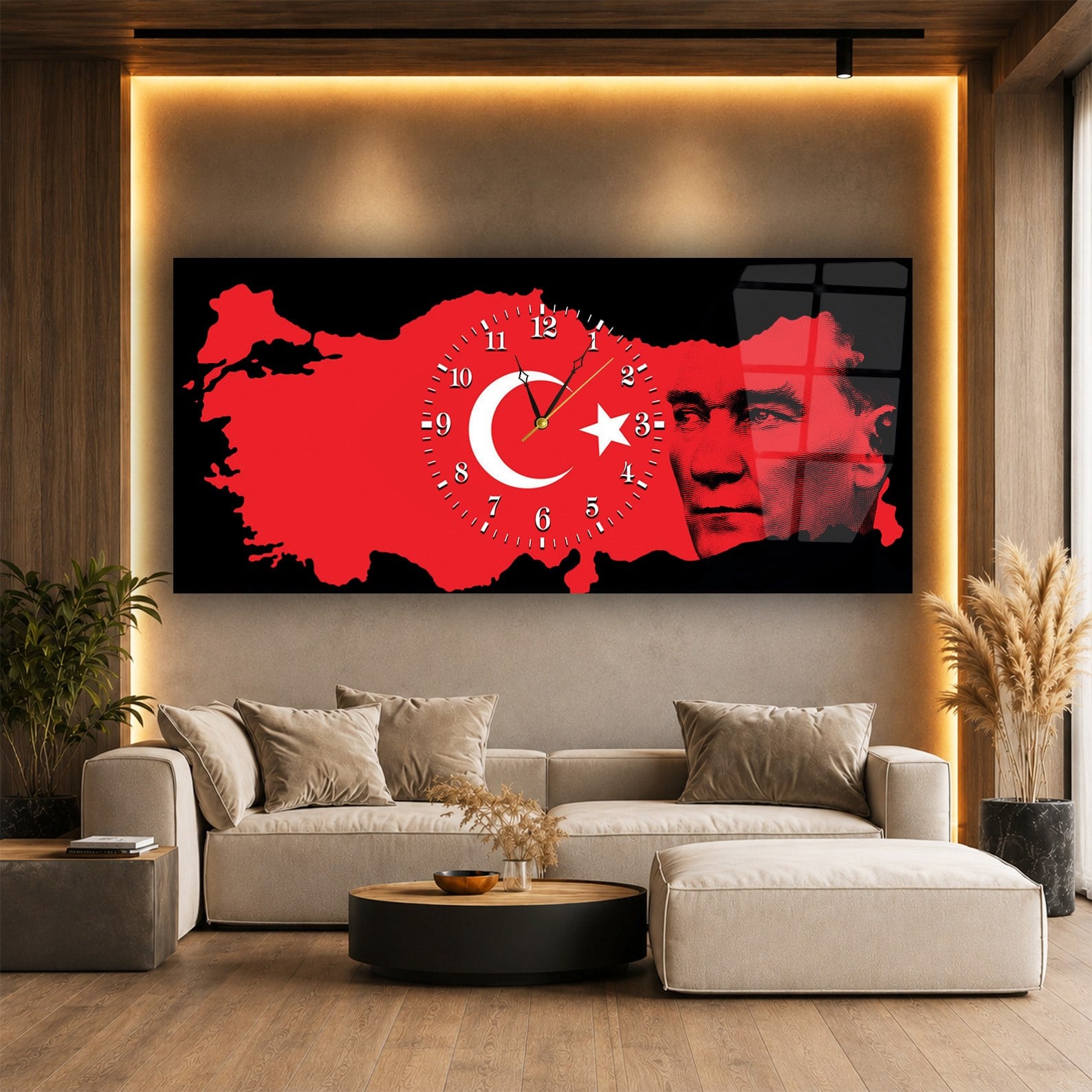 Türkiye Haritası Üzerinde Türk Bayrağı ve Atatürk Saatli Cam Tablo 060