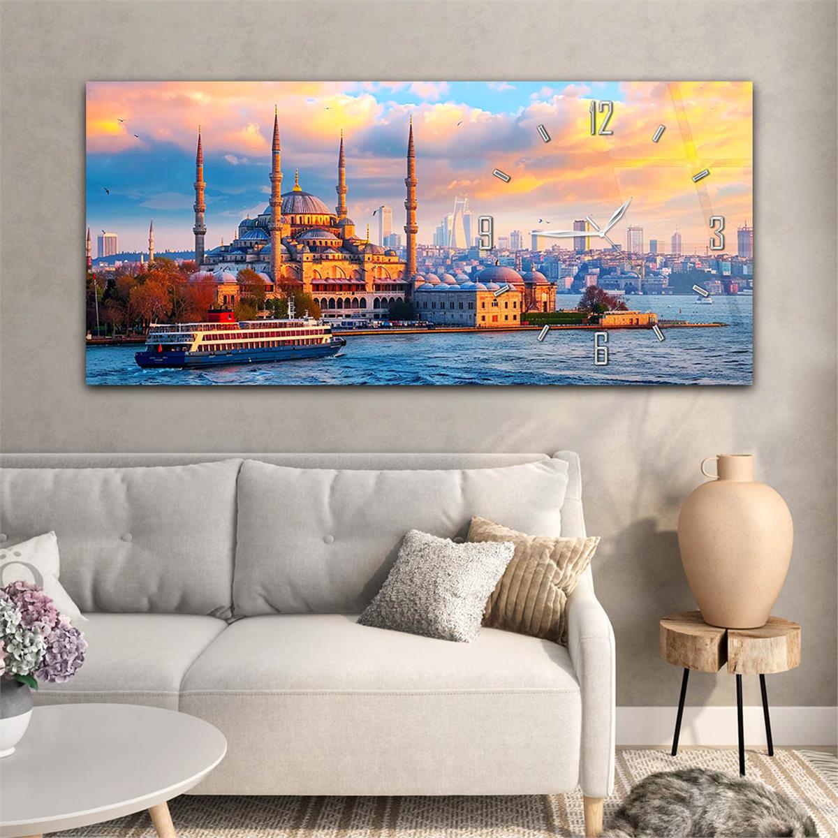 Yatay Saatli Yandan Dini Temalı Cam Tablo 077