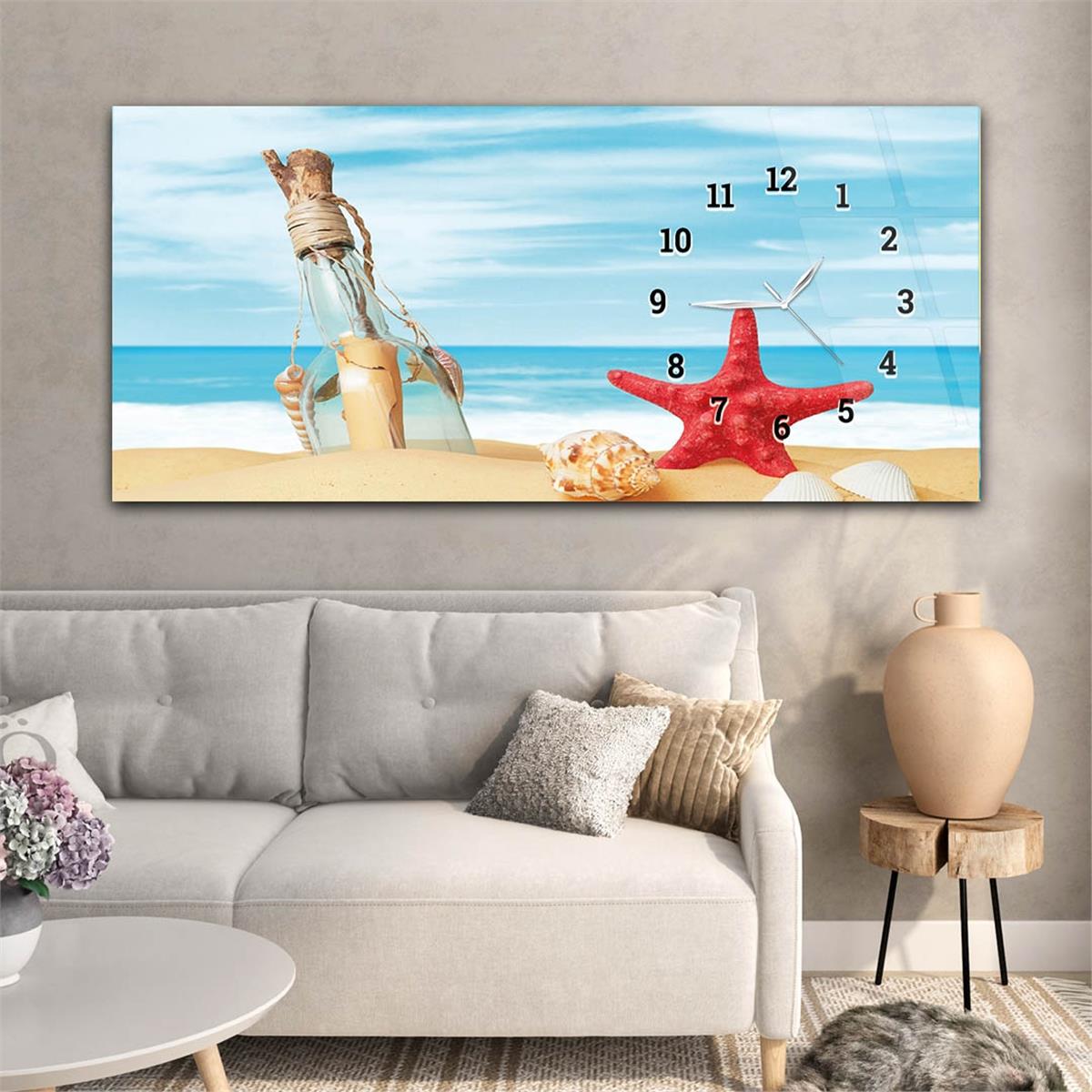 Beach Starfish Message in a Bottle and Seashell لوحة زجاجية  أفقية ذات طابع فني و طبيعي مع ساعة  جانبية  236