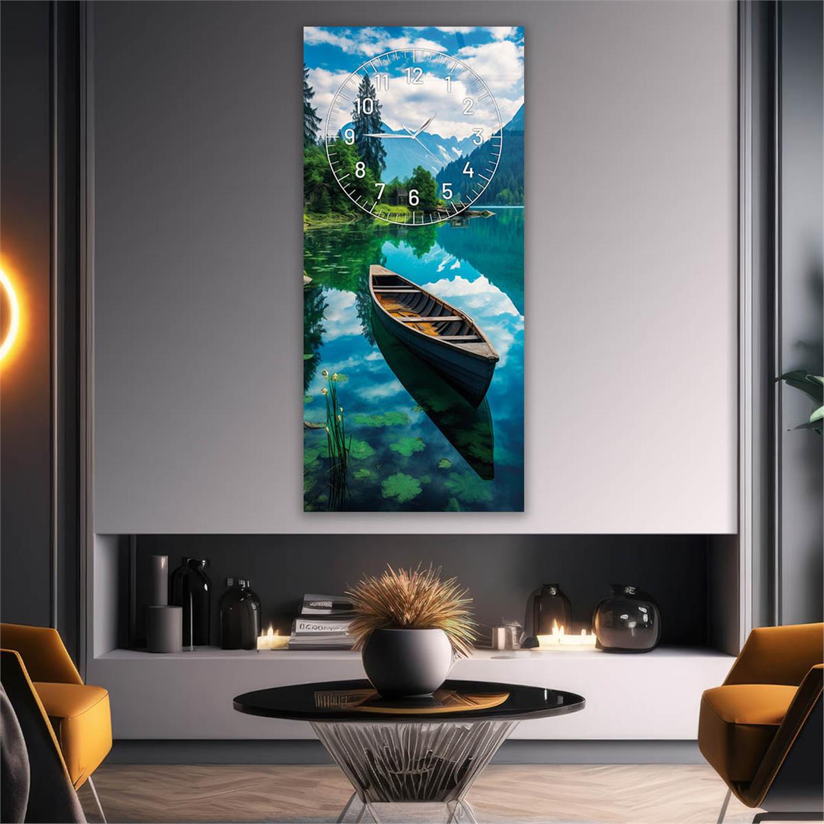 Tableau en verre à thème art et nature vertical avec horloge en haut 011