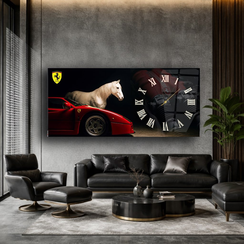 Ferrari ve Şahlanan At Saatli Cam Tablo