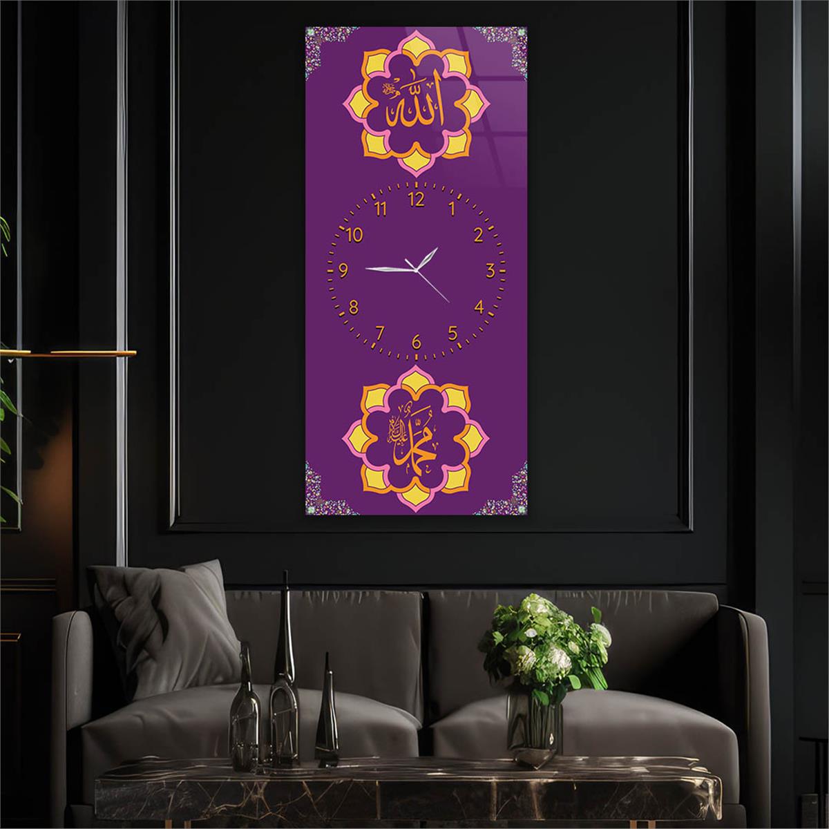 Vertical Religious Themed Glass Wall Art with Clock at the Center 009