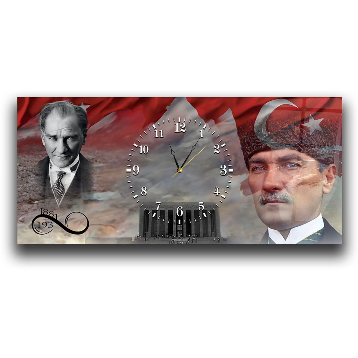 Atatürk Türk Bayrağı ve Sonsuz 1881-1938 Anıtkabir Saatli  Cam Tablo 067