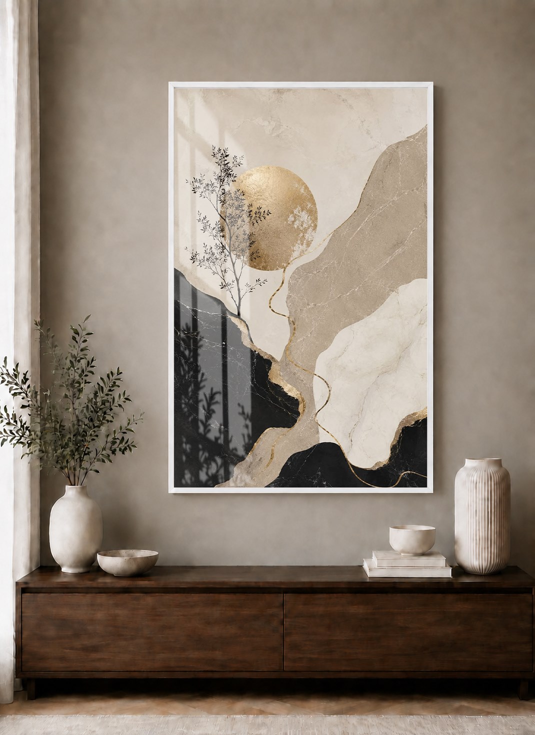 Gold Güneş ve Minimal Doğa Alüminyum Çerçeveli Modern Cam Duvar Tablosu