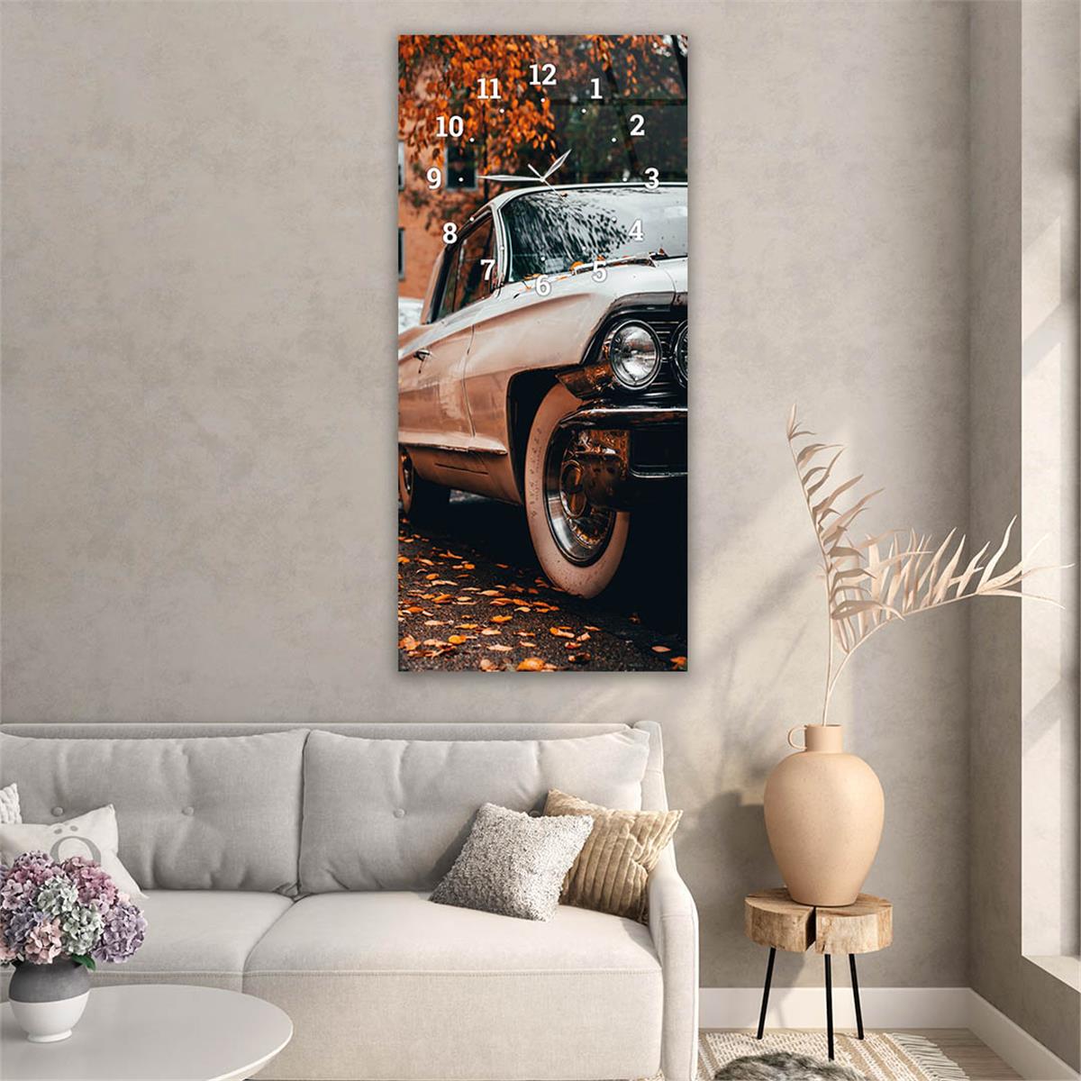 Dikey Üstten Saatli Sanat Temalı Cam Tablo 002