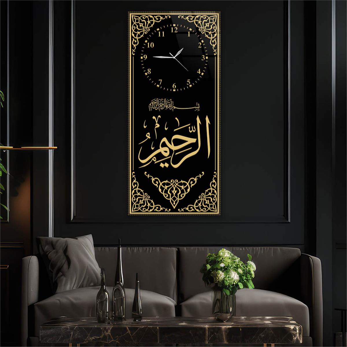 Tableau en verre à thème religieux vertical avec horloge en haut 015