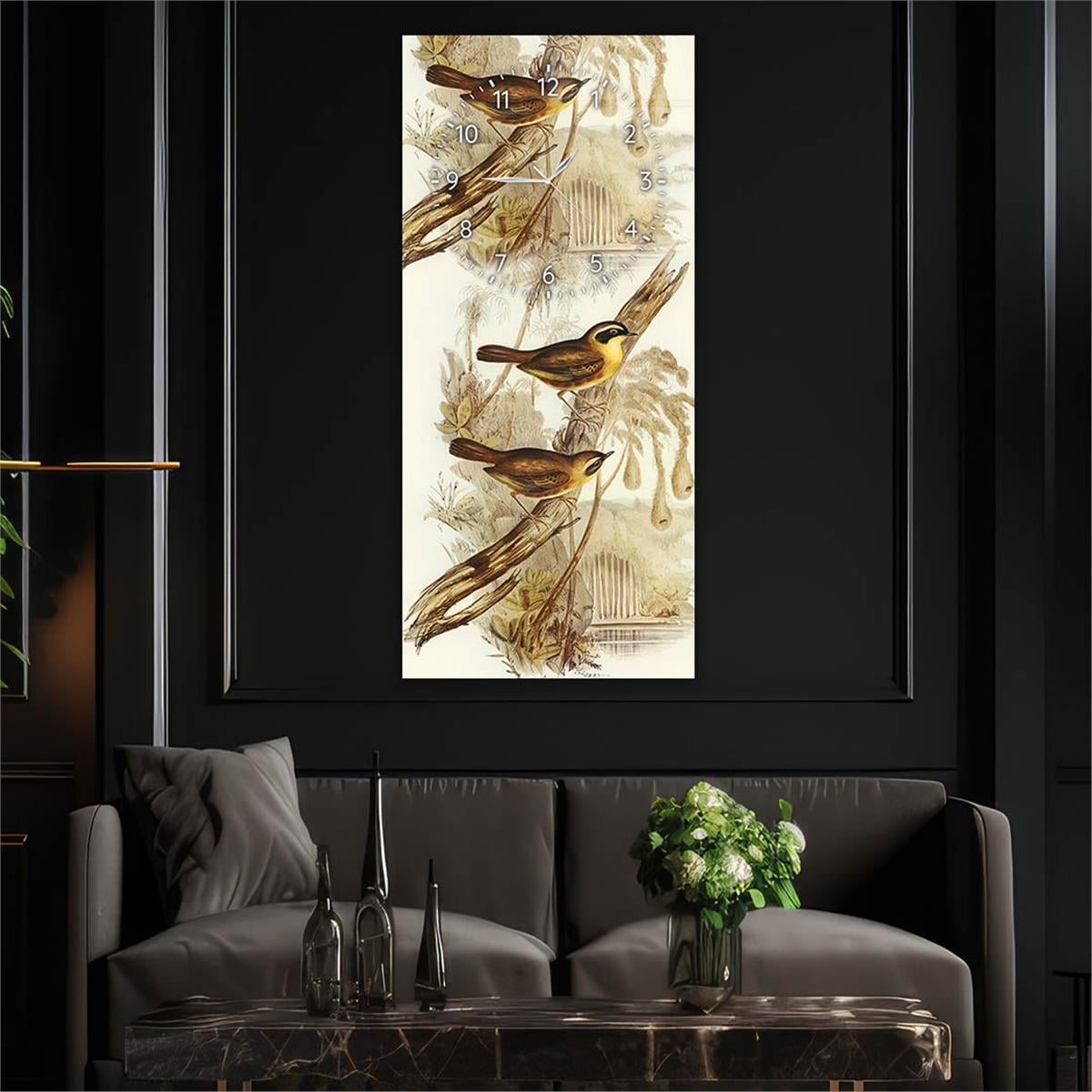 Dikey Üstten Saatli Sanat Temalı Cam Tablo 006