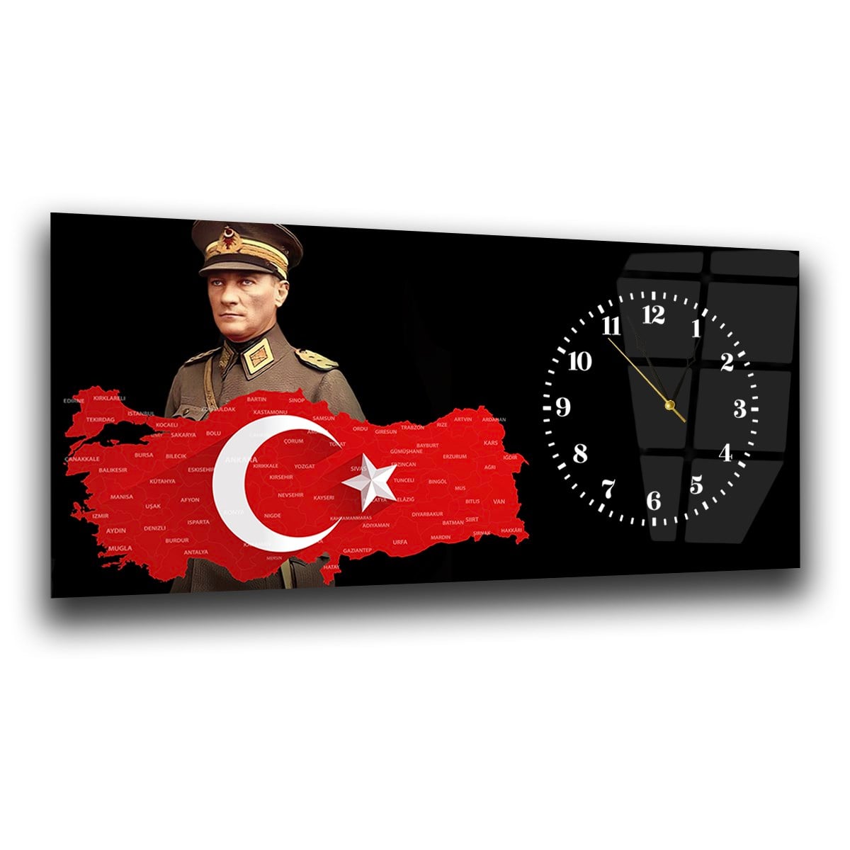 Yatay Saatli Yandan Vatan Temalı Cam Tablo 031