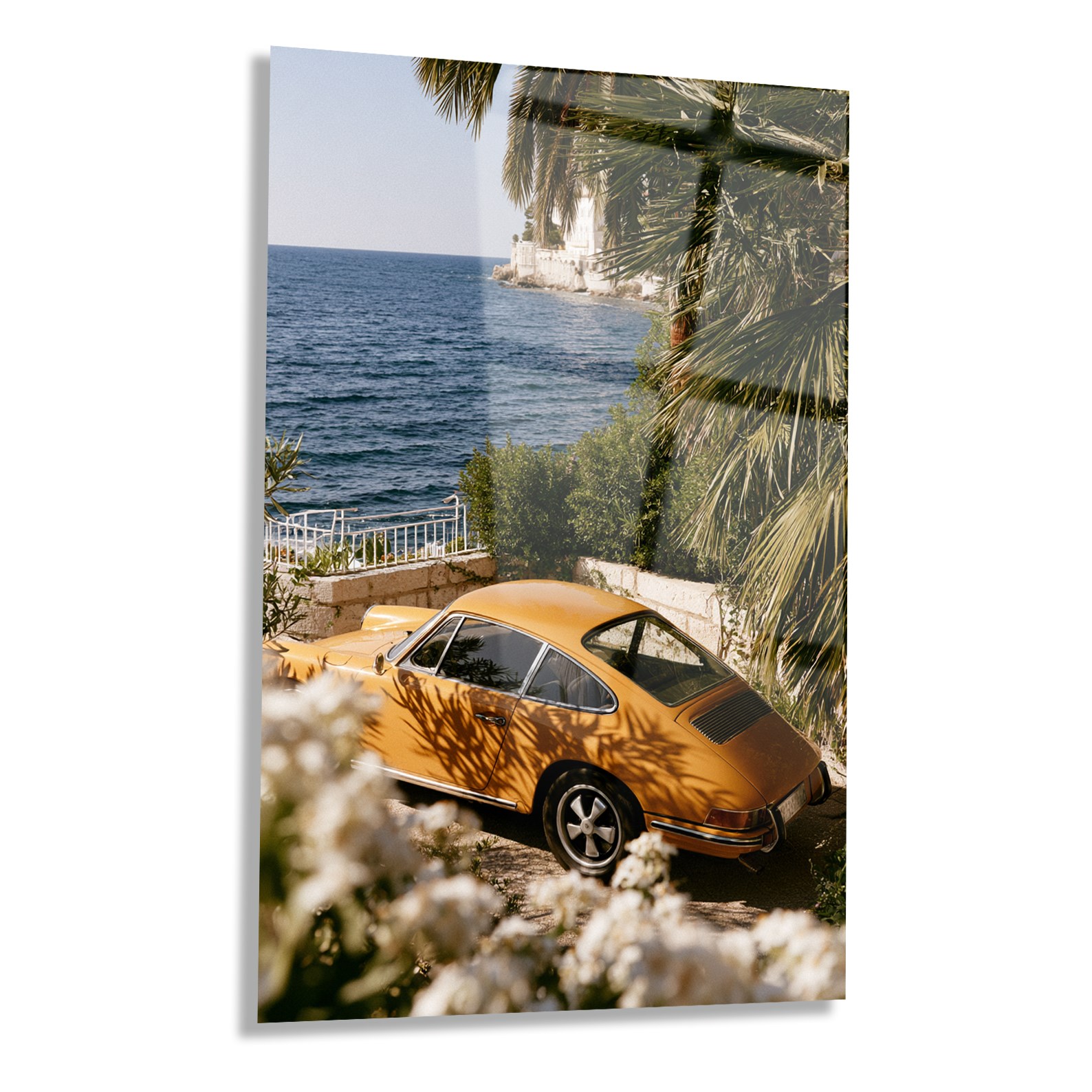 Sarı Klasik Porsche Sahil Cam Tablo