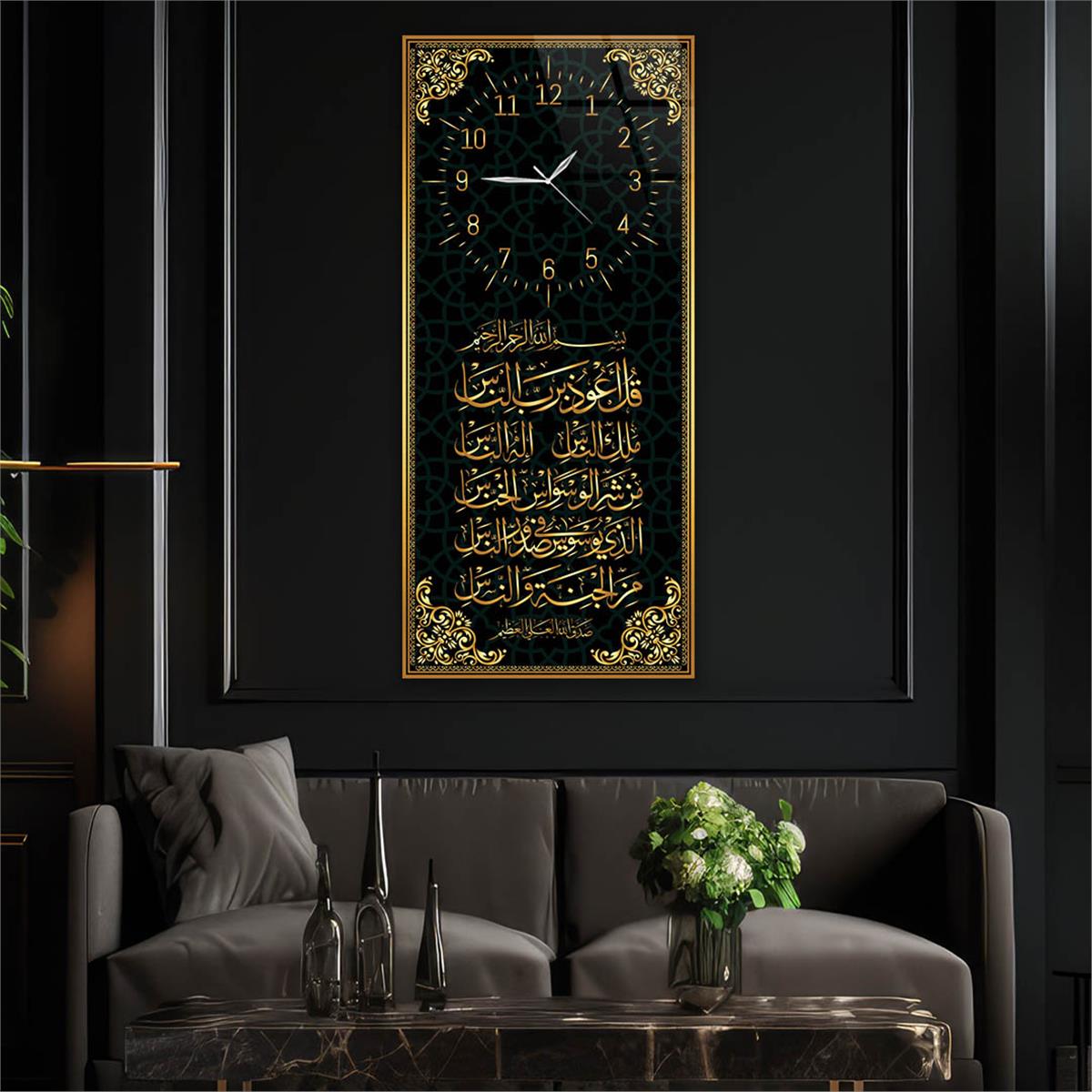 Tableau en verre à thème religieux vertical avec horloge en haut 019
