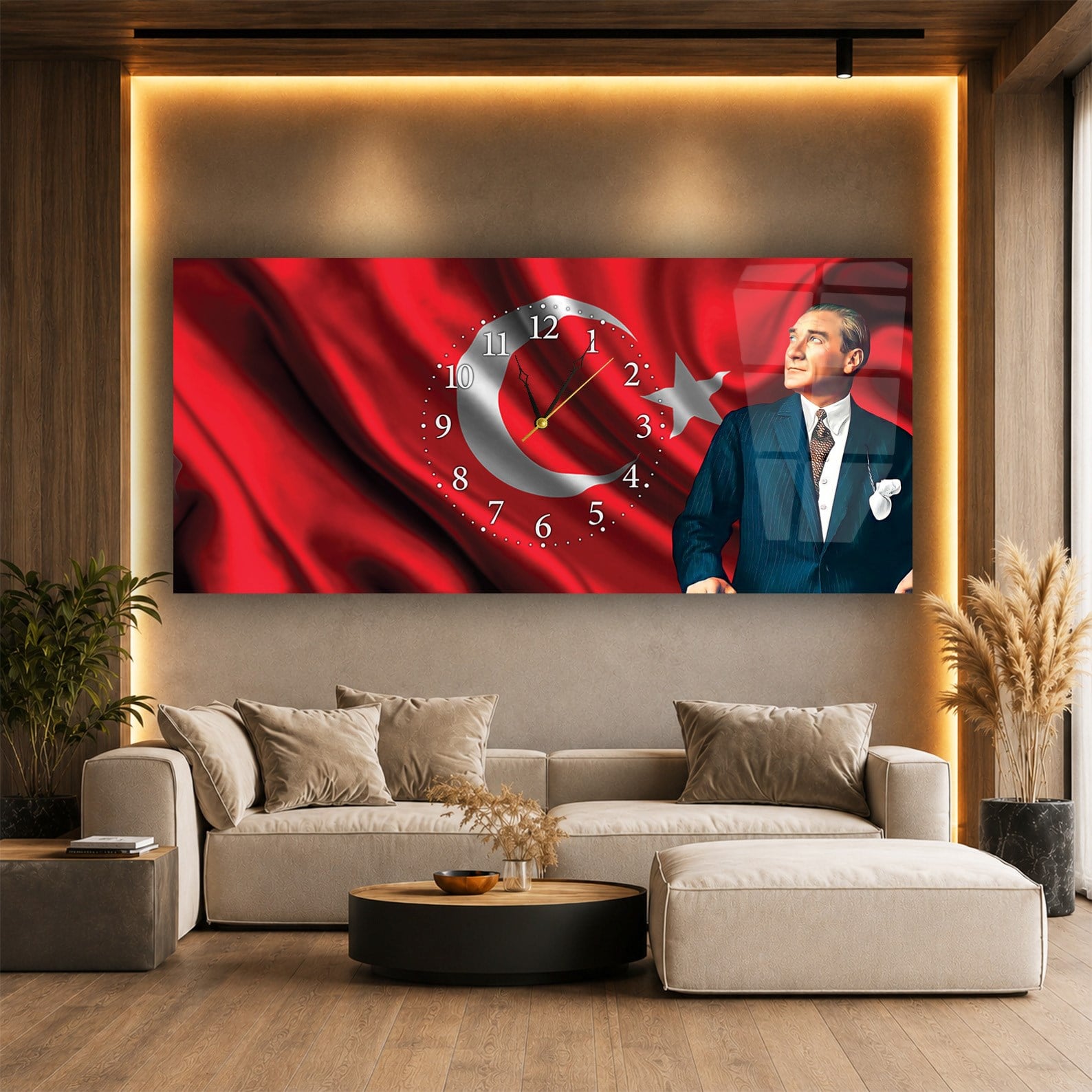 Ayyıldız Türk Bayrağı ve Atatürk Yatay Ortadan Saatli  Cam Tablo 084