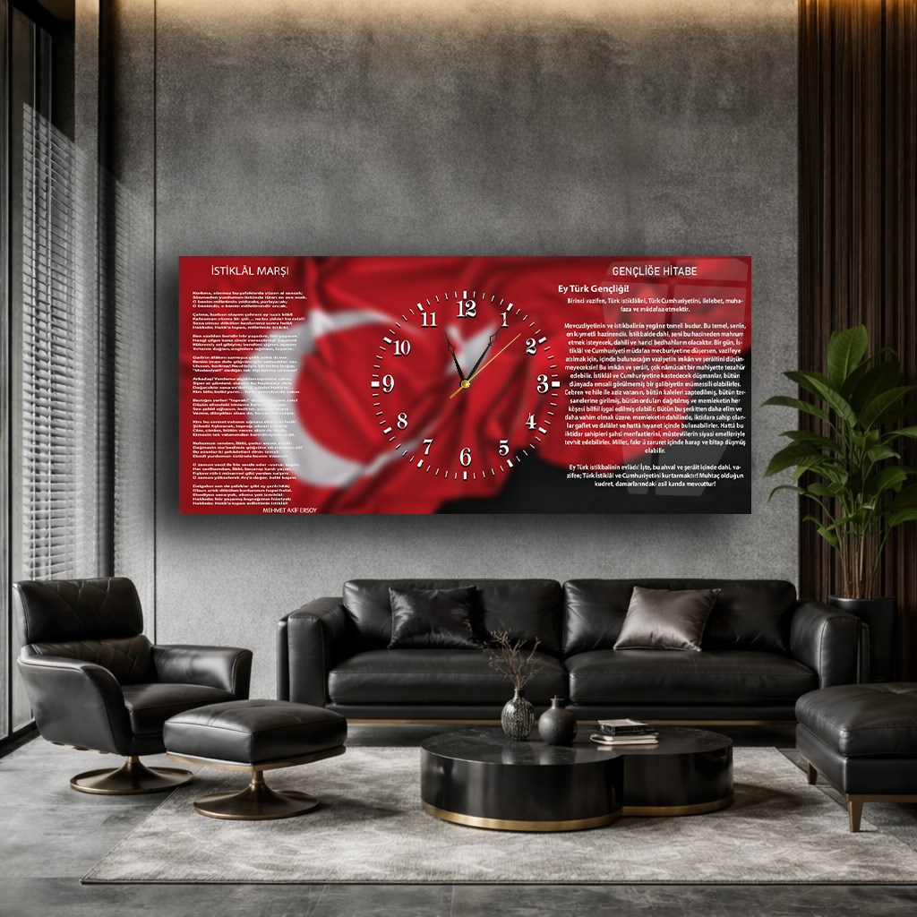 İstiklal ve İstikbal | İstiklal Marşı ve Gençliğe Hitabe Saatli Cam Tablo