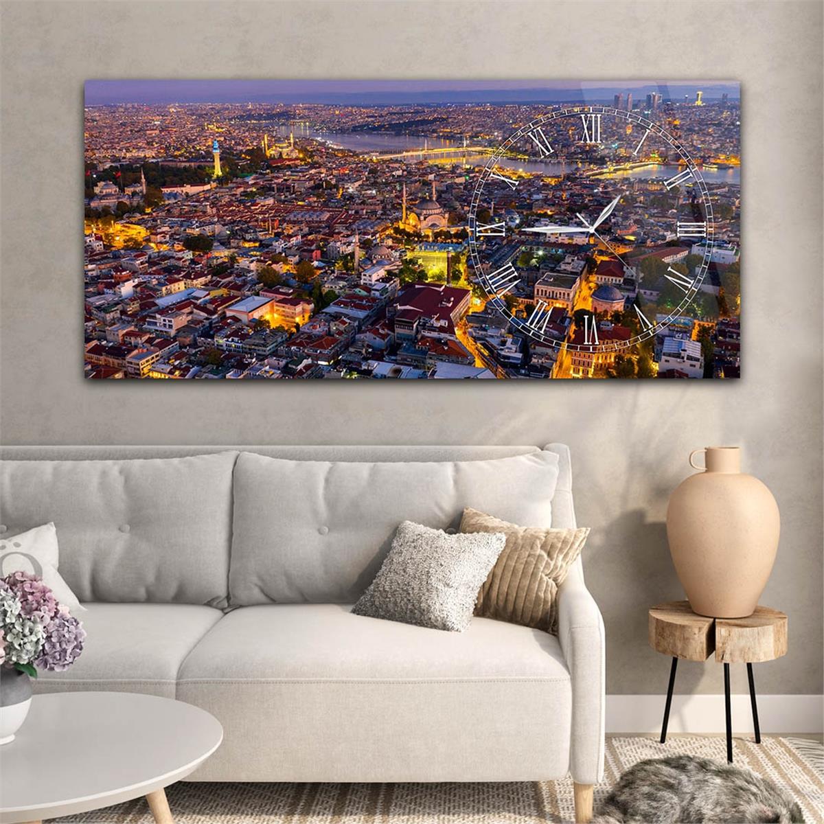 Yatay Saatli Yandan Sanat Temalı Cam Tablo 240