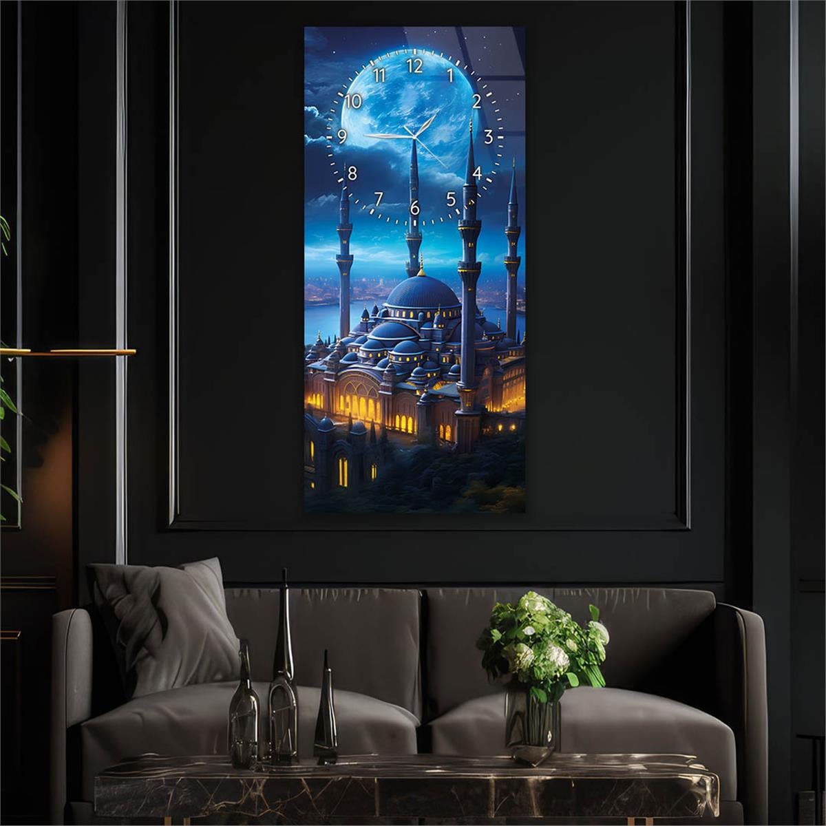 Tableau en verre à thème religieux vertical avec horloge en haut 021
