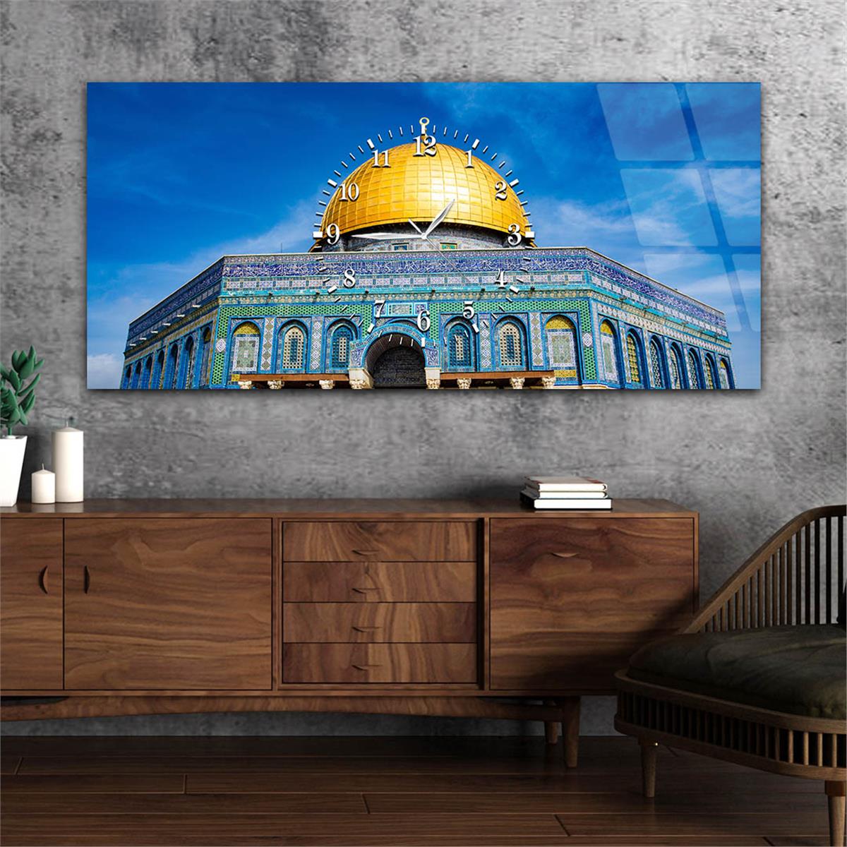 Horizontal bedrucktes Glas mit Religionenthema und einer Uhr in der Mitte 034