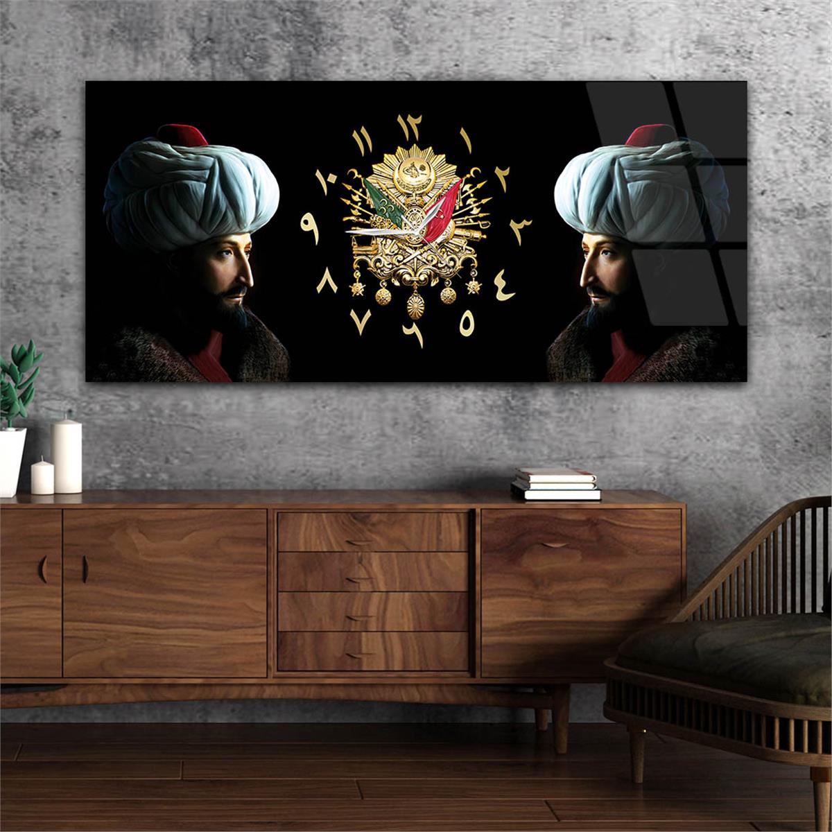 Fatih Sultan Mehmet Han ve Osmanlı Tuğralı Saatli  Cam Tablo 052