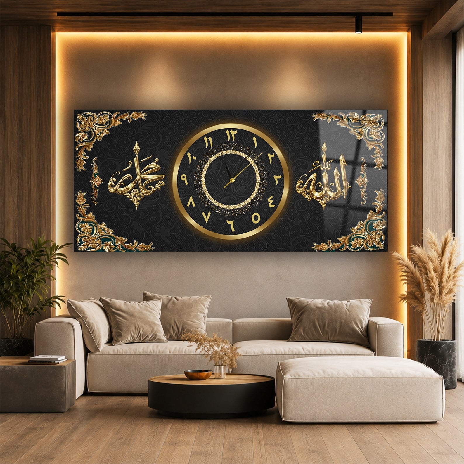 Allah Muhammed Saatli Cam Tablo – Siyah Gold Osmanlı Motifli İslami Duvar Dekoru