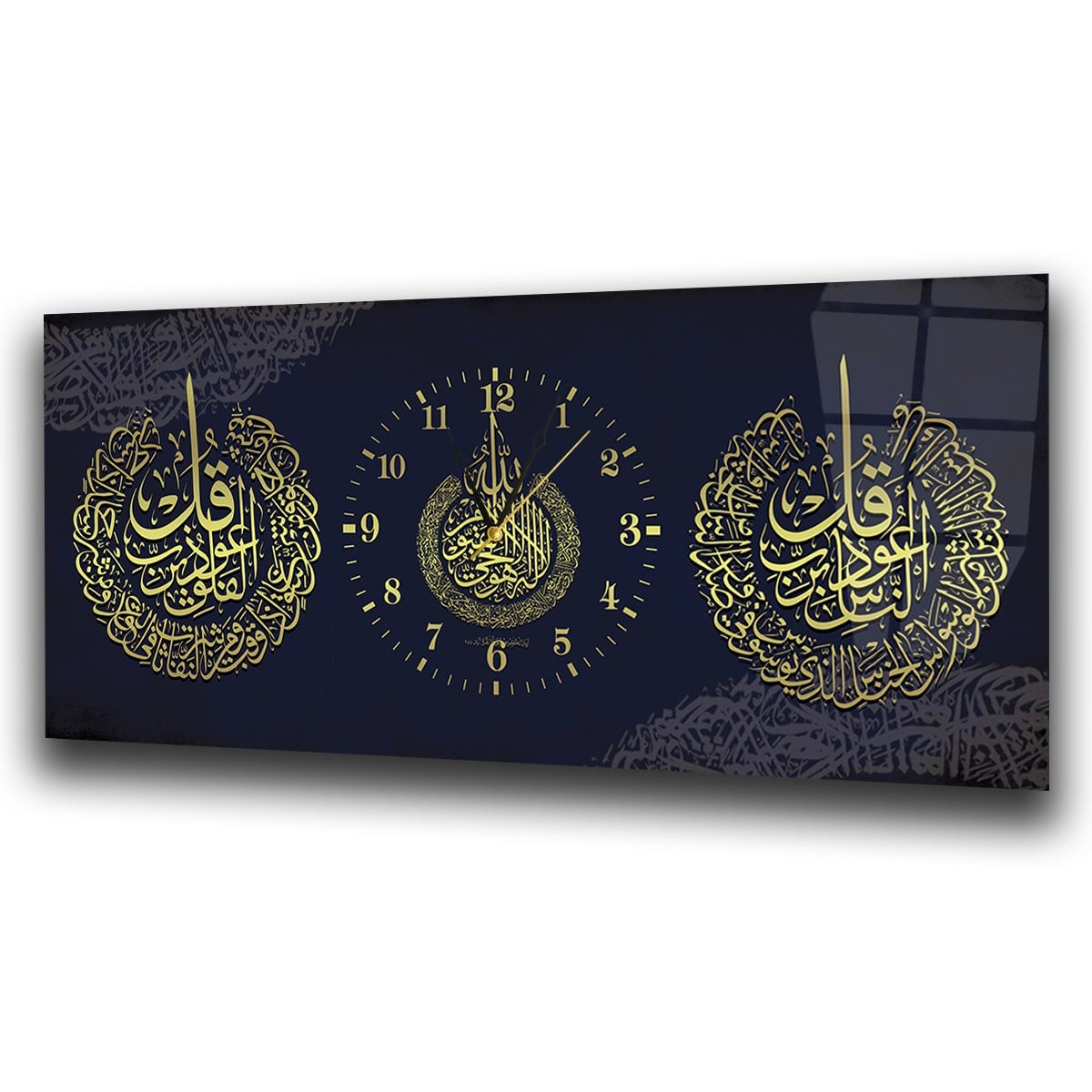 Horizontal bedrucktes Glas mit Religionenthema und einer Uhr in der Mitte 076