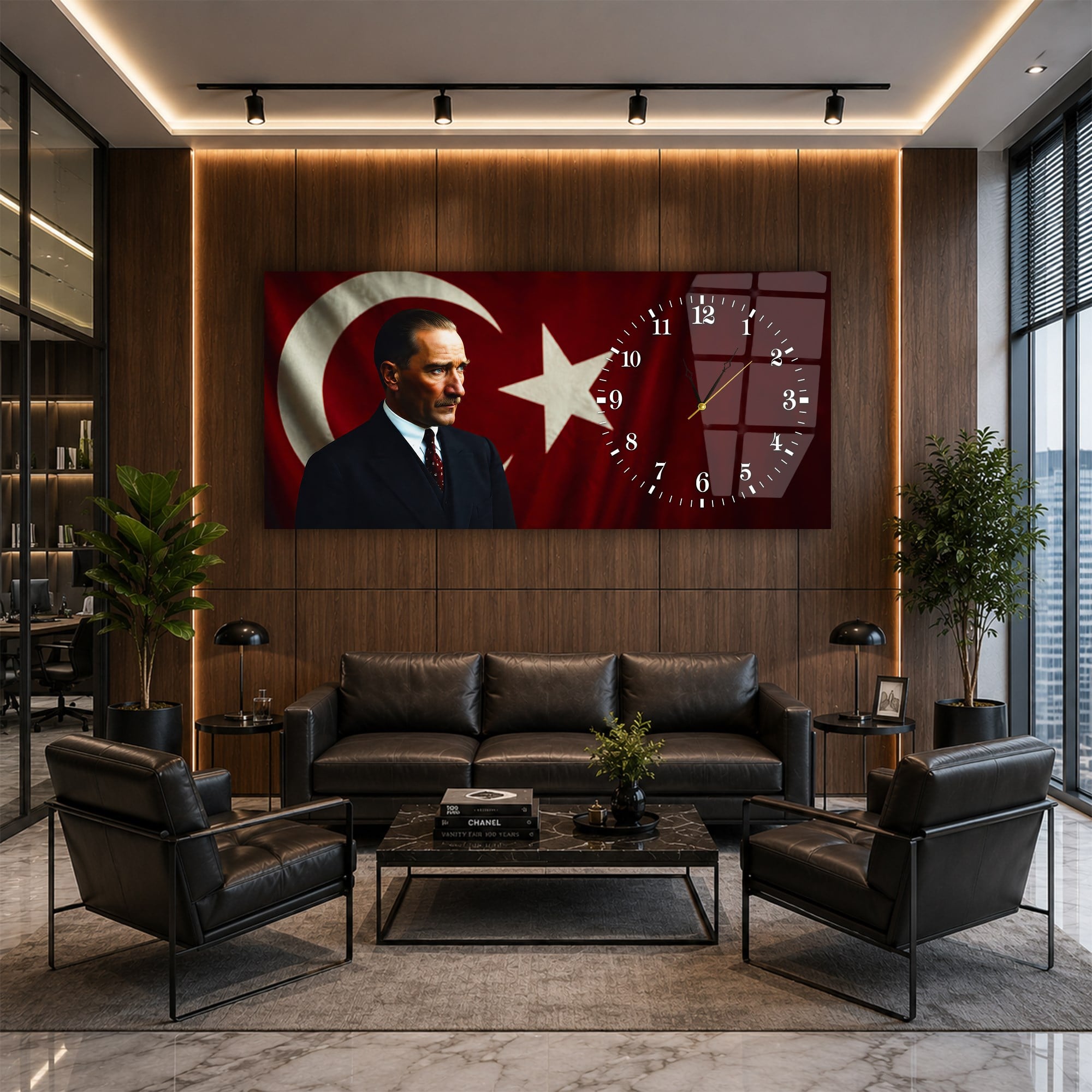 Atatürk ve Türk Bayrağı Saatli Cam Tablo