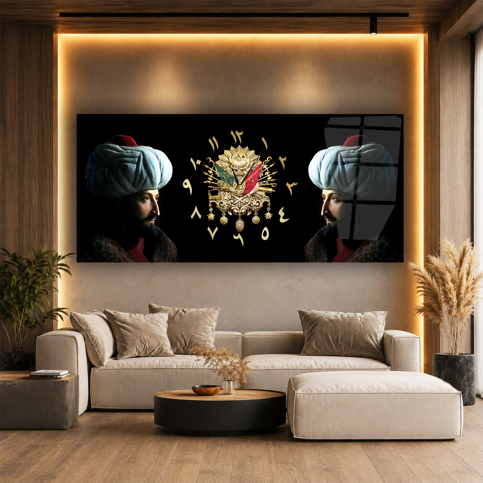 Fatih Sultan Mehmet ve Osmanlı Tuğralı Saatli Cam Tablo 078