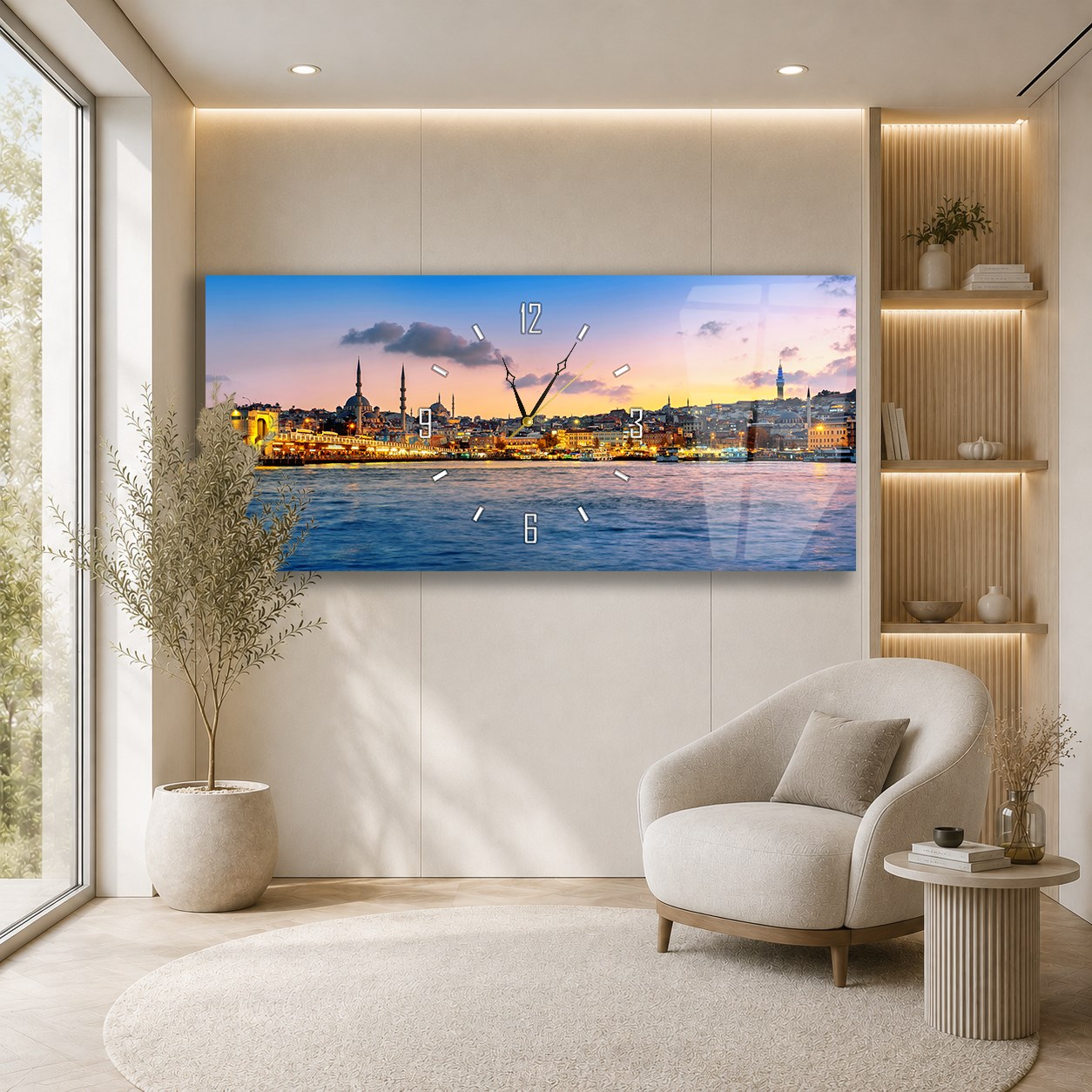Yatay Saatli Ortadan Dini Temalı Cam Tablo 114