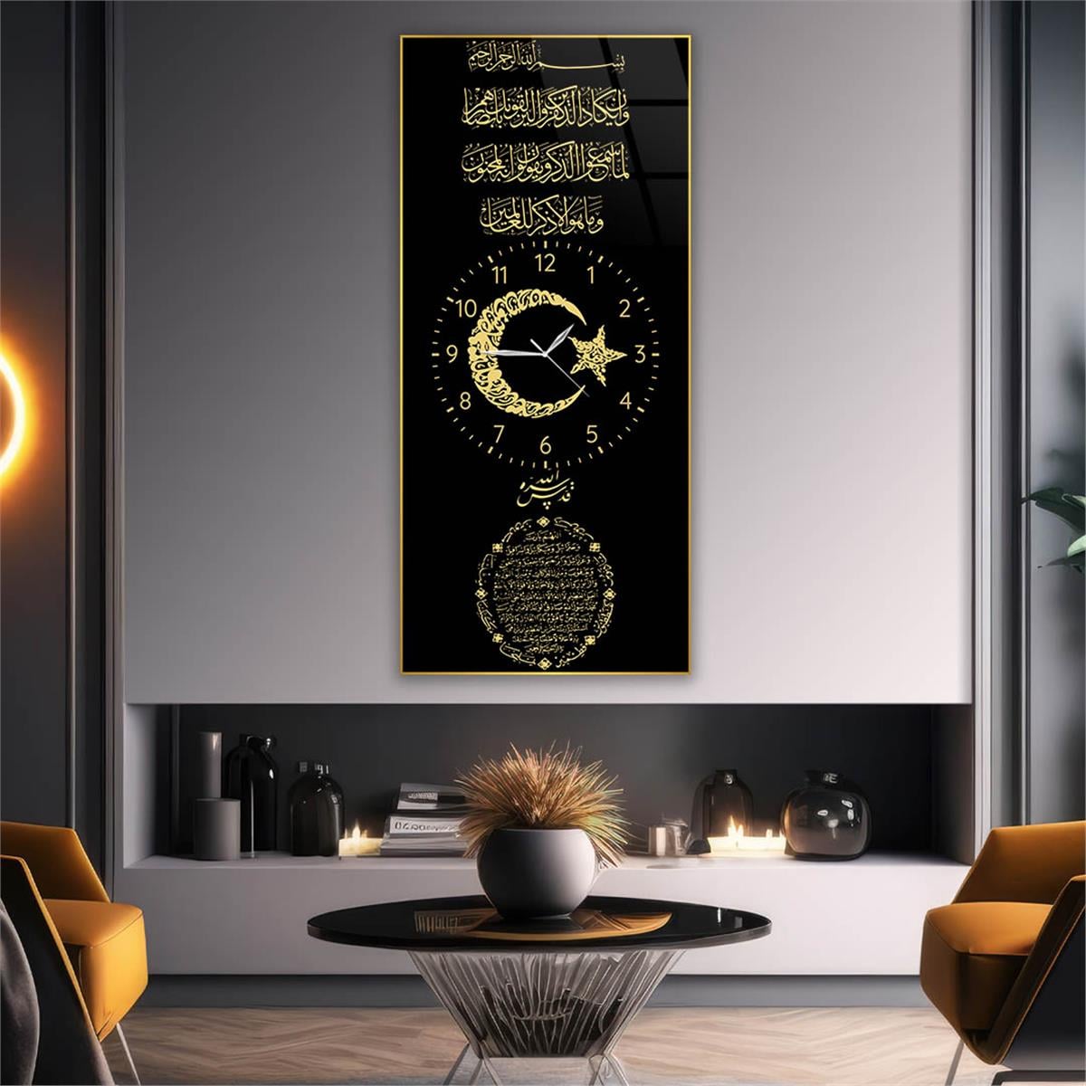 Vertical Religious Themed Glass Wall Art with Clock at the Center 022