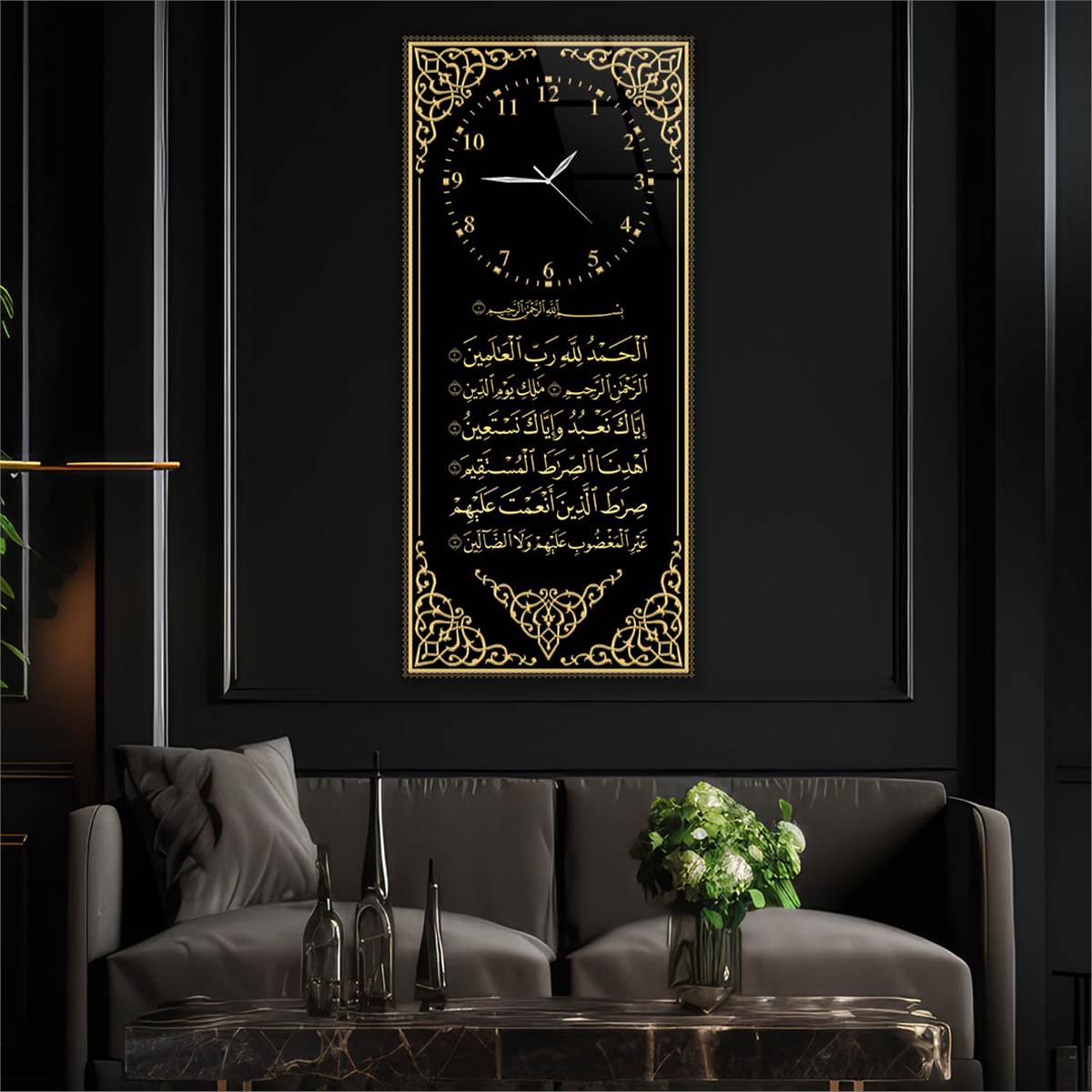 Tableau en verre à thème religieux vertical avec horloge en haut 024