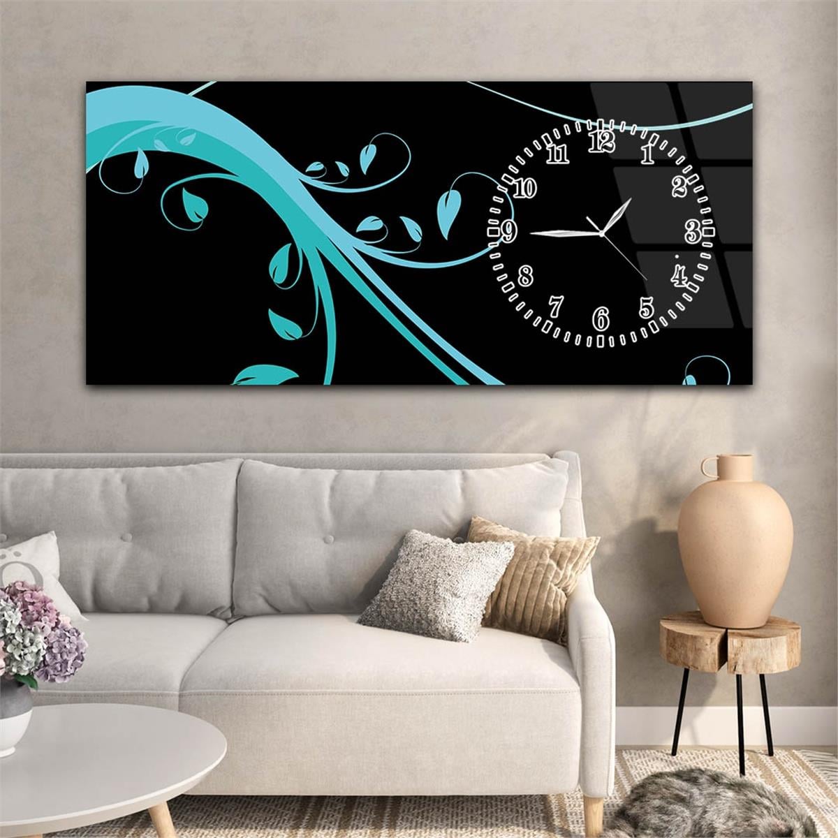 Tableau en verre à thème art et nature avec horloge latérale horizontale 098