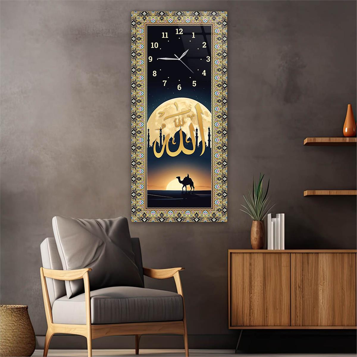 Tableau en verre à thème religieux vertical avec horloge en haut 041