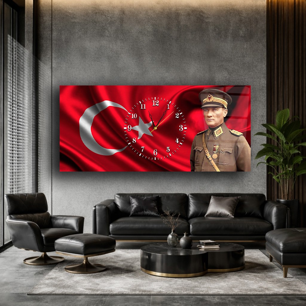 Türk Bayraklı Atatürk Saatli Cam Tablo